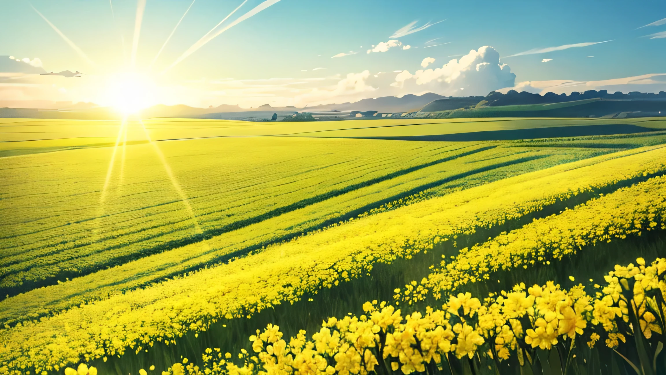 rape blossoms　grassland　warm sunshine