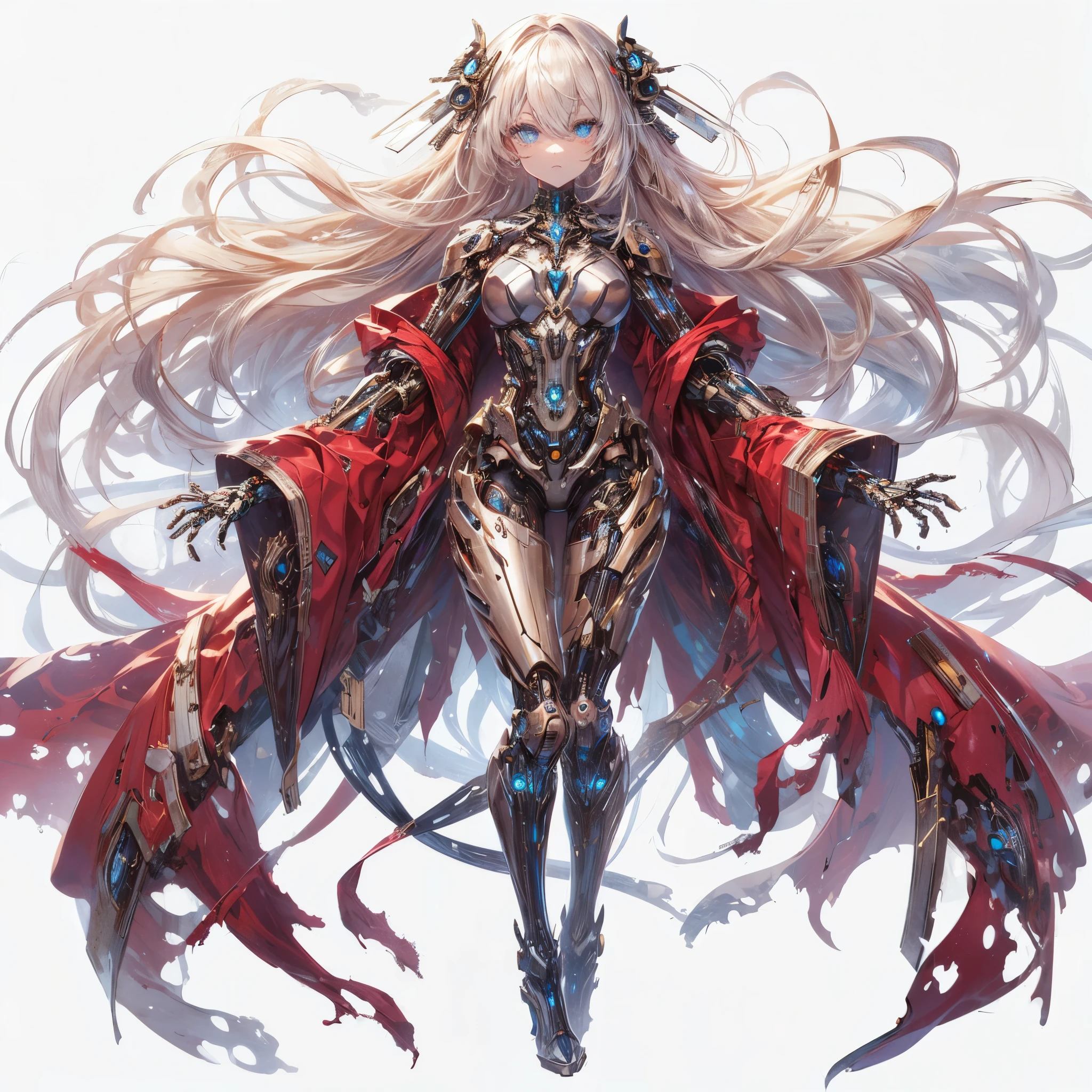 (Masterpiece, top quality), (perfect athlete body: 1.2), (detailed hair), super detailed, anime style, full body, solo, full body of mechanical undead girl, pale gold hair and glowing ultra-blue eyes, pale steel skin, ragged red Japanese nun’s habit, red ragged robe, high-heeled boots, digital painting, 8k high resolution, trending art station, white background, whole body,,