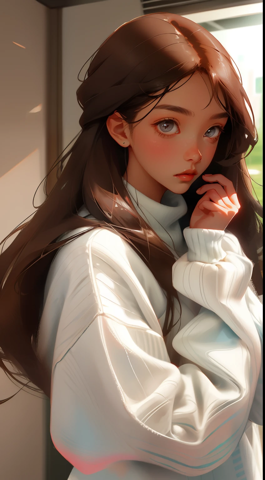 Girl, long brown hair, gray eyes, sharp features, white skin, sweater