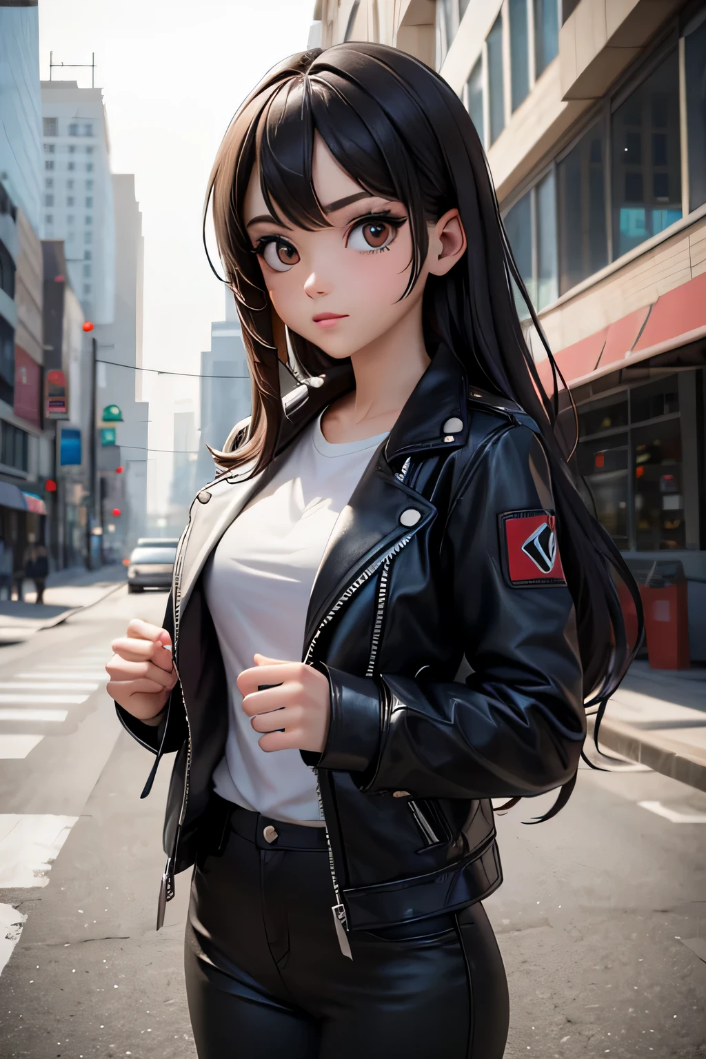 girl with stylize Earth planet makeup and in a gas mask stands against the background of the industrial zone of the city, blue long hair, brown eyes, black leather jacket, post-apocalypse, cyberpunk