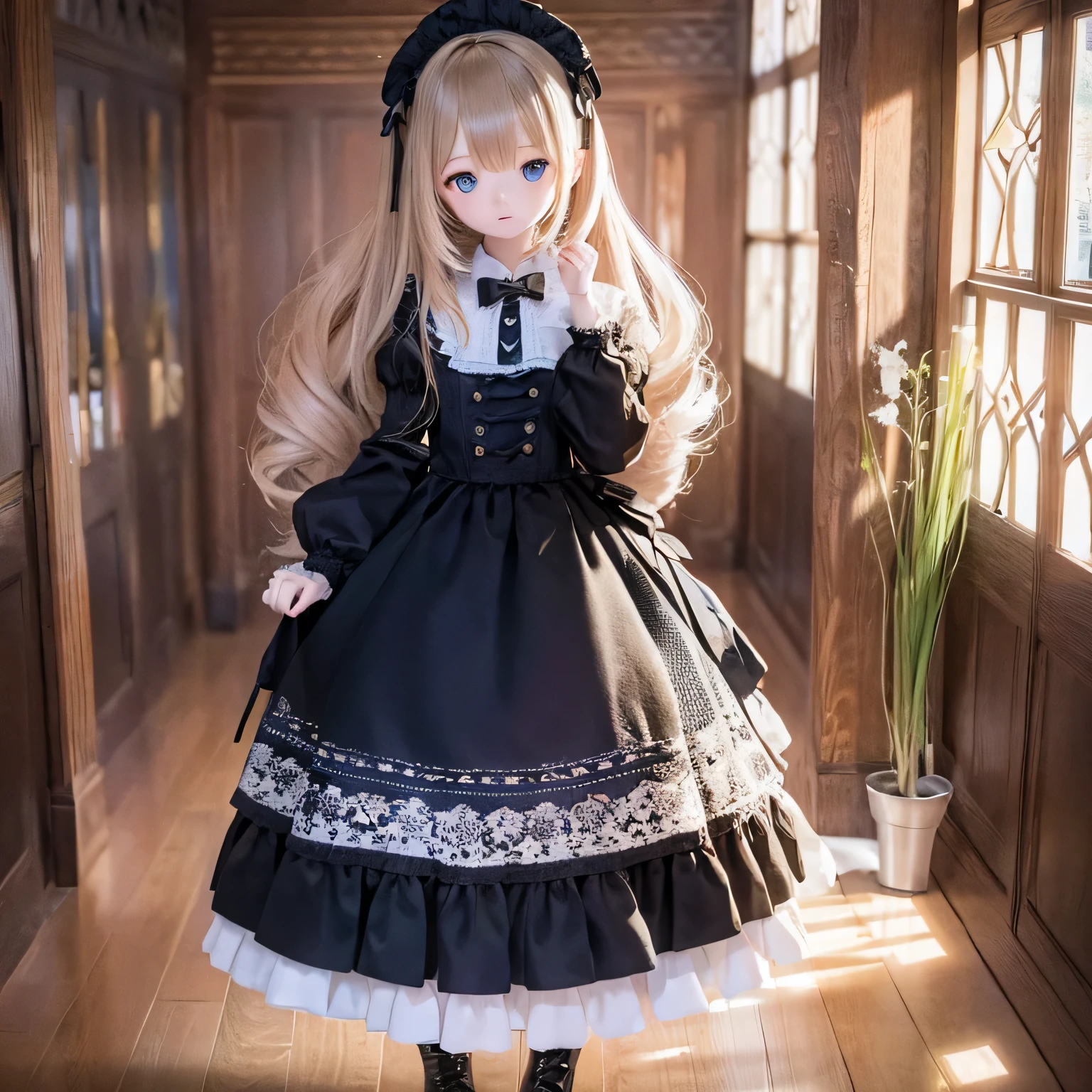 (highest quality, High resolution, 4k, super detailed, masterpiece:1.2), realistic, HDR, Bright colors, sharp focus, studio lighting, extreme details, Professional, portrait, anime, blue tone, Natural light,  girl, blonde curly hair, flat chest, gothic lolita clothing, innocent look, delicate features, long eyelashes, expressive eyes, rosy cheeks, soft lighting, dreamy atmosphere, quirky background(((((bow)))))whole body