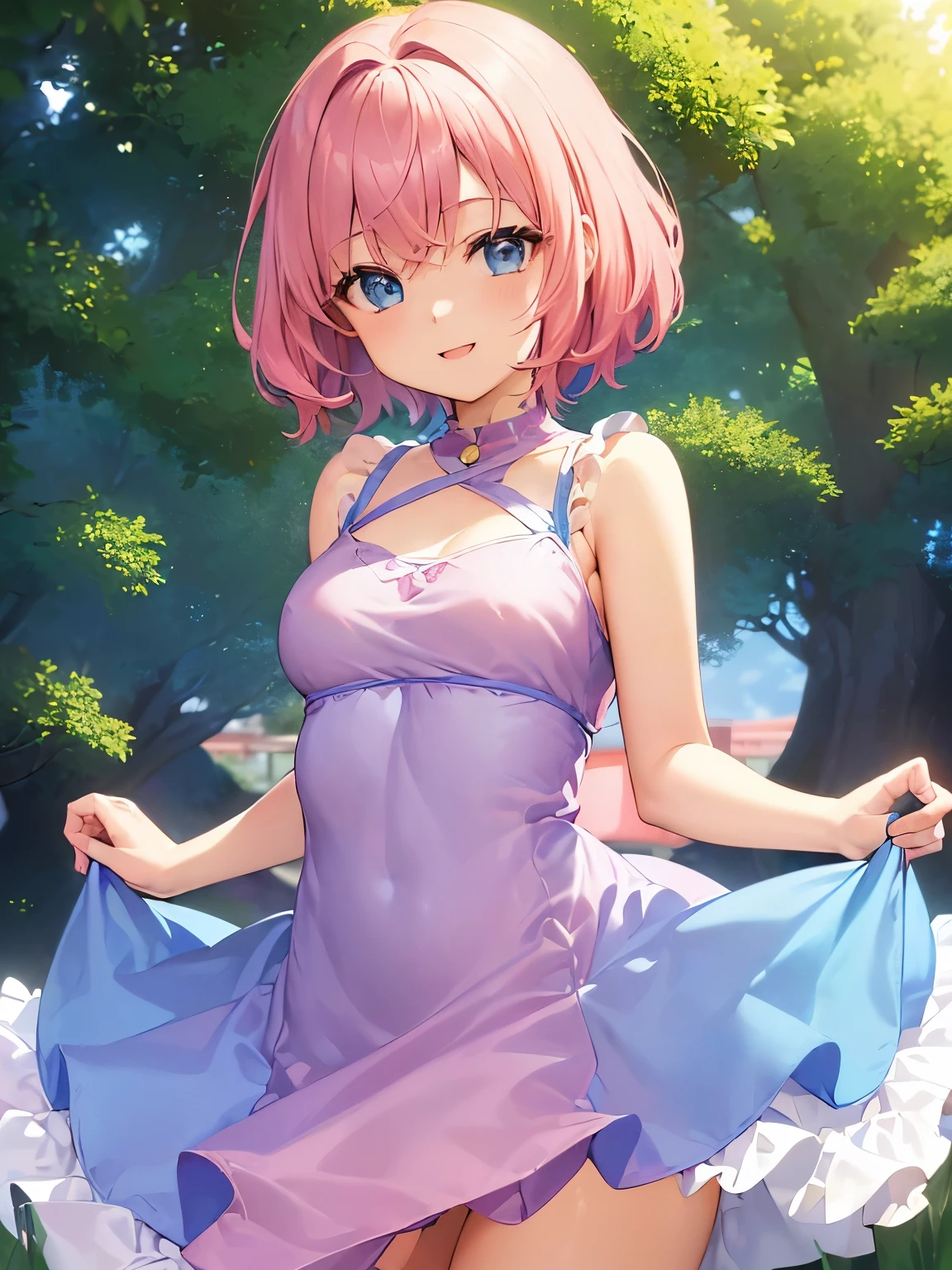 ((Highest image quality:1.1), (masterpiece:1.4), (disorganized:1.0), Portrait, Close-up, 1girl, momo velia deviluke, hair ornaments, bob cut, Shorthair pink hair, purple eyes, Medium breasts, , charming, audience, smile, solo,naked, nude, naked, peeing, on all fours,pee in dog position, raise one leg and peeembarrassed, , in nature, exposed,thin pubic hair