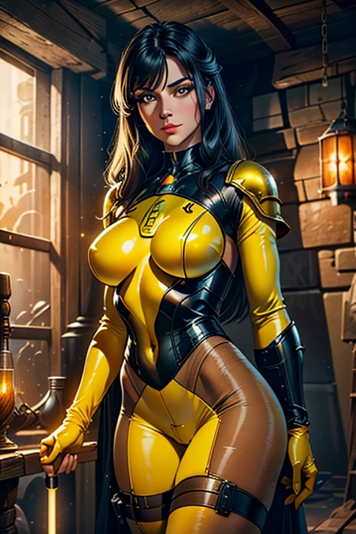 (best quality,8k:1.2,high resolution:1.2),ultra-detalhado,Realistic,space science female,straight long black hair,bangs,rosto extremamente detalhados,long eyelashes,holding a medieval light saber,all sheer light yellow Collant de nylon Apertado,yellow sheer pantyhose, light yellow gloves,light yellow Glossy metalic accessories,Physically-based rendering,sharp focus,studio lighting