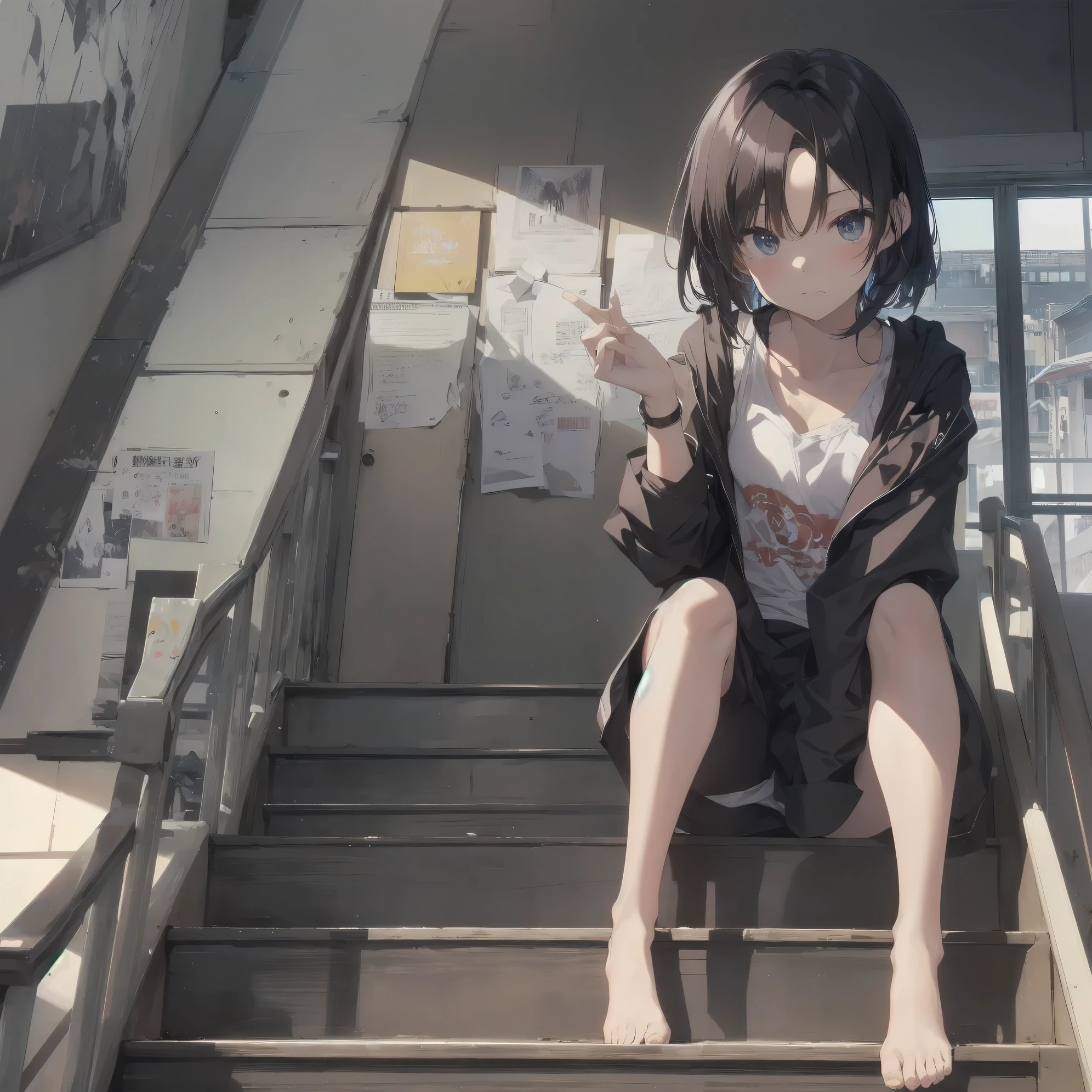 Super absurd quality by the god of art, super detailed, High resolution, anime moe art style, Best Anime 8K Kona-chan Wallpaper, pixiv contest winner, perfect anatomy, break,(Please Draw a picture of a girl sitting on the stairs.)break,1 girl, (alone,little woman, cute face,:1.3),All limbs, full finger, The charm of an immature body, (very short hair),long bangs,flat chest,clavicle,small ass, between legs, small eyes, small black eyes, detailed and beautiful eyes, Well-proportioned iris and pupils,expressive eyes, High resolutionの詳細な髪, Tank top, shorts, (detailed lighting), (detailed background), sitting, on the stairs. break,super dense skin, Best sexual lighting powered by famous artist, 8k,Beauty Illustration,photoshop_(Moderate),Absurd Hi-Res,Hmm,rough skin,break,((artist:dark black,)) artist:Courges_ace , artist:mitsumi misato,artist:akinashi yuu
