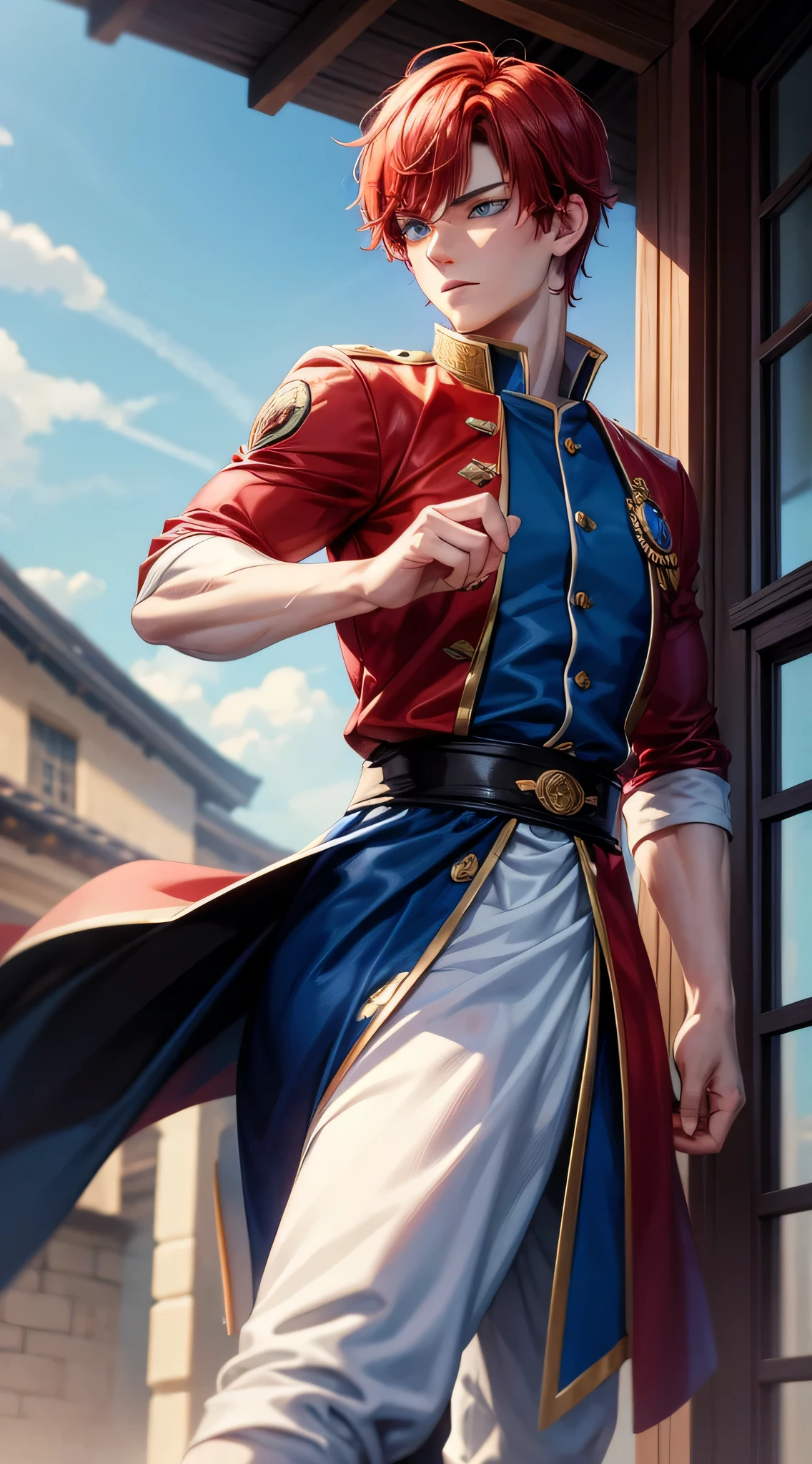 Young guy, short red hair, blue eyes, prince, martial arts, Masterpiece, hiquality