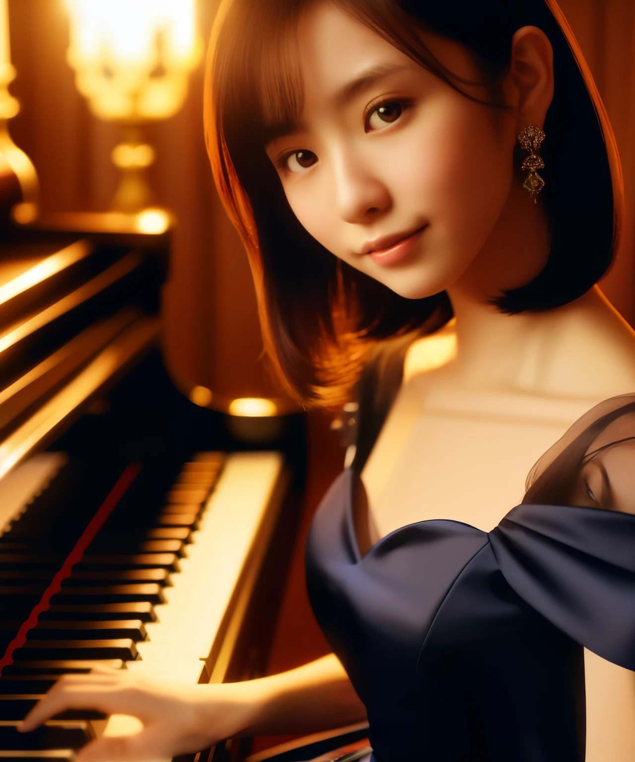 Piano player, Japanese female 22 years old, one person, chiaroscuro, surrealism, dark blue simple design dress, The background is a warm color gradation, that person is clear, detailed face, fine instruments, smile