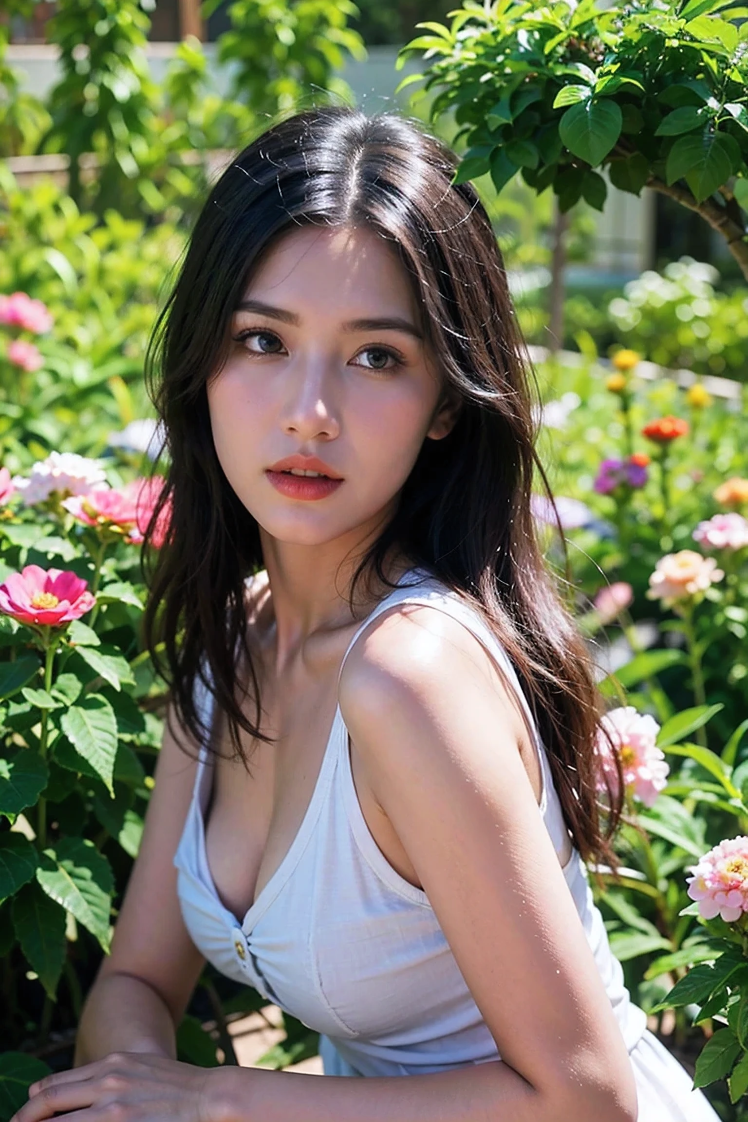 Realistic photography, beautiful woman. ,flower garden