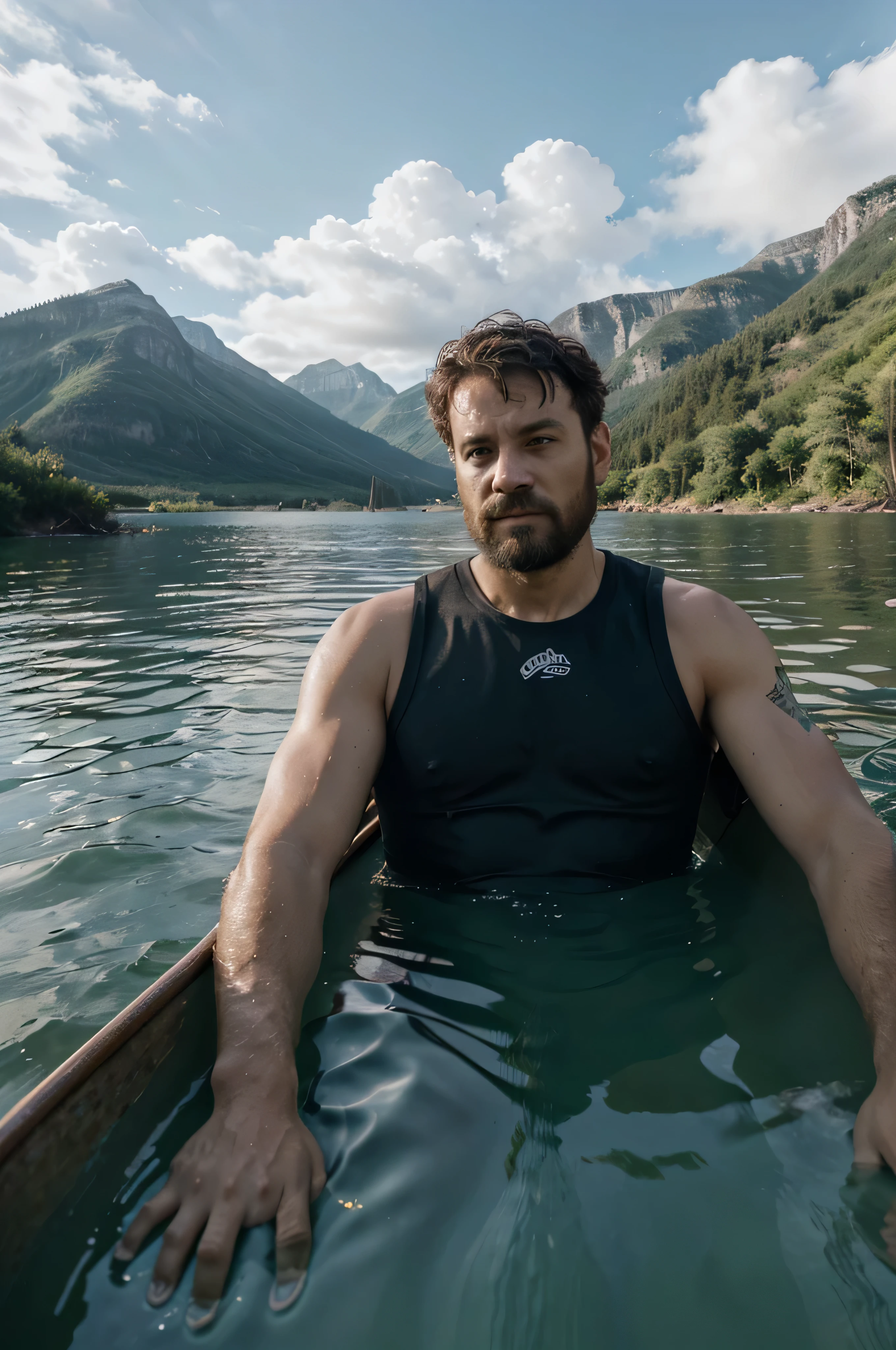 photo of jake gyllenhaal smiling man fishing shirtless short, standing lake, fishing, 35mm photograph, film, bokeh, professional, 4k, highly detailed, lake in the background, natural lighting