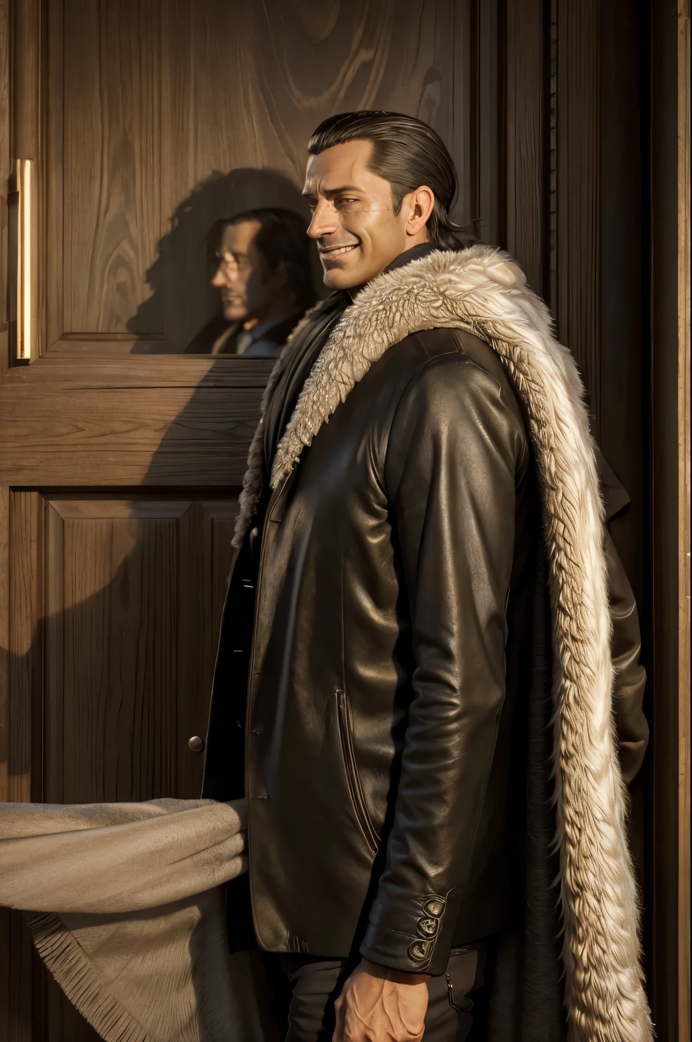 masterpiece, best quality, extremely detailed, hyperrealistic, photorealistic, a cool 40s man, ultra detailed face:1.2, fur-trimmed coat, scarf around the neck, from side, opening the door, sly smile