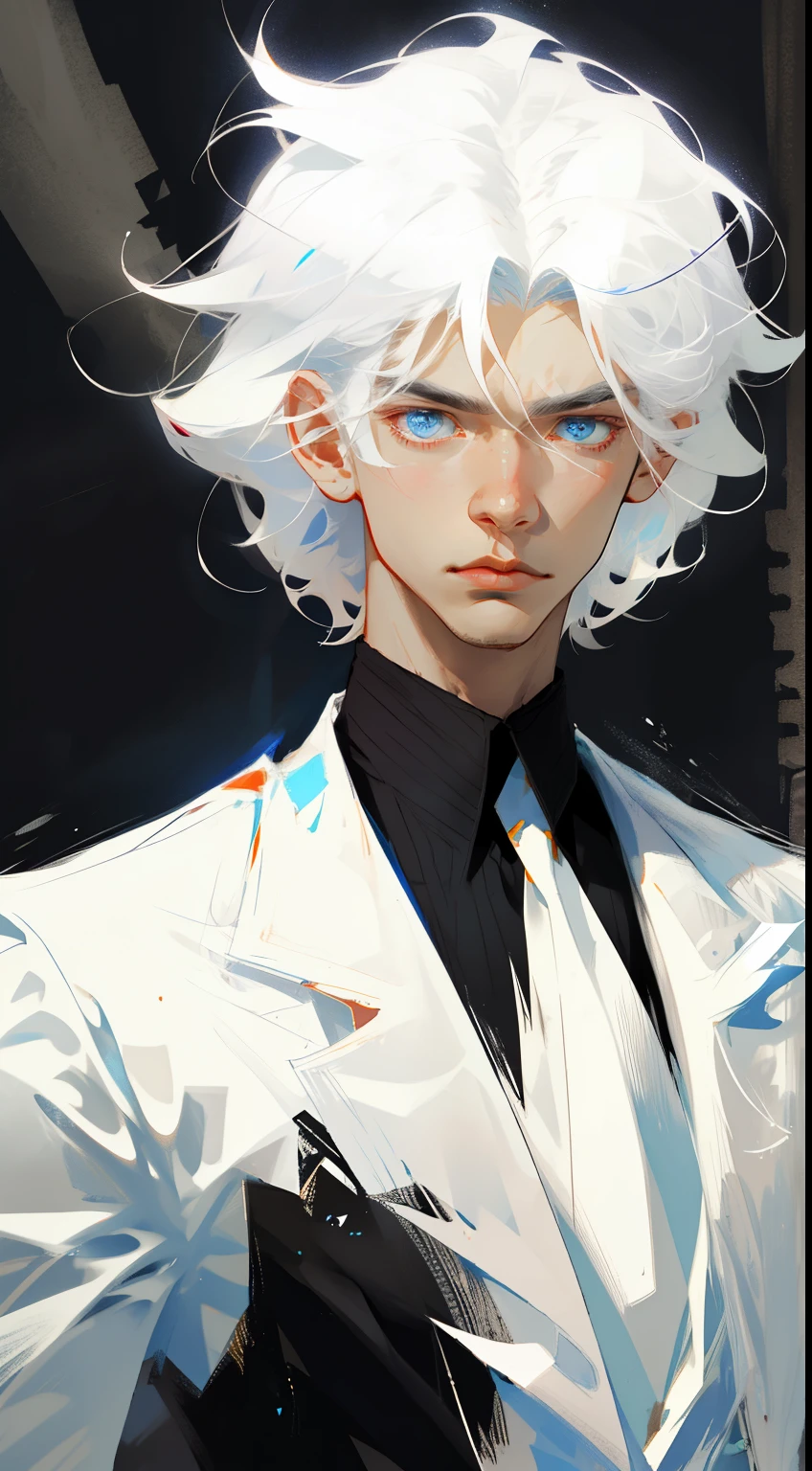 Boy, white hair, blue eyes, sharp, serious features, white skin, black shirt