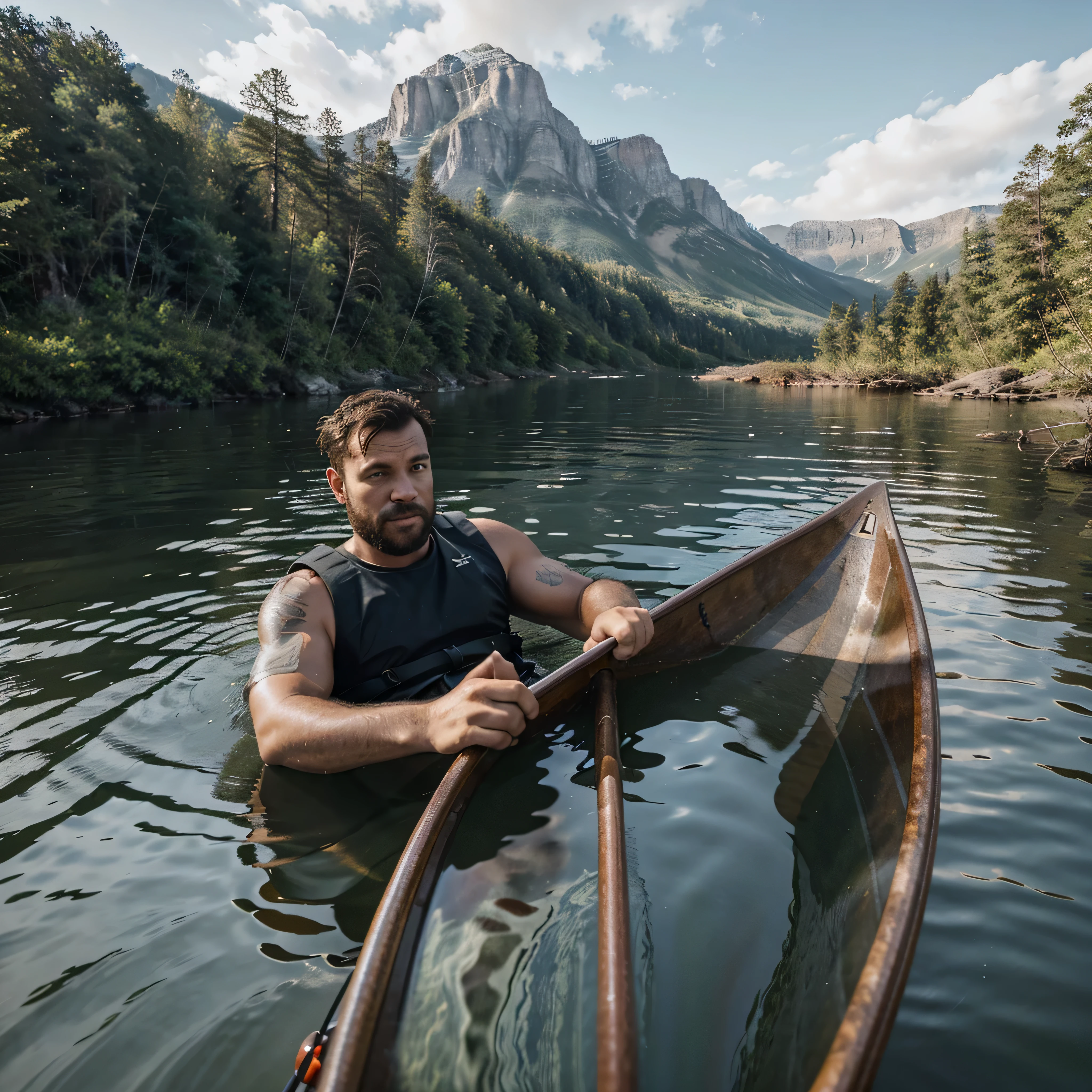 homem sentado em uma canoa, looks at the camera, em close-up, Lente grande angular de 16 mm, canoe almost capsizing in the water, in a choppy lake with lots of shark heads in view, com grandes ondas mais altas que o homem, with some vegetation, montanhas ao fundo, DESENHO ANIMADO, arte vetorial