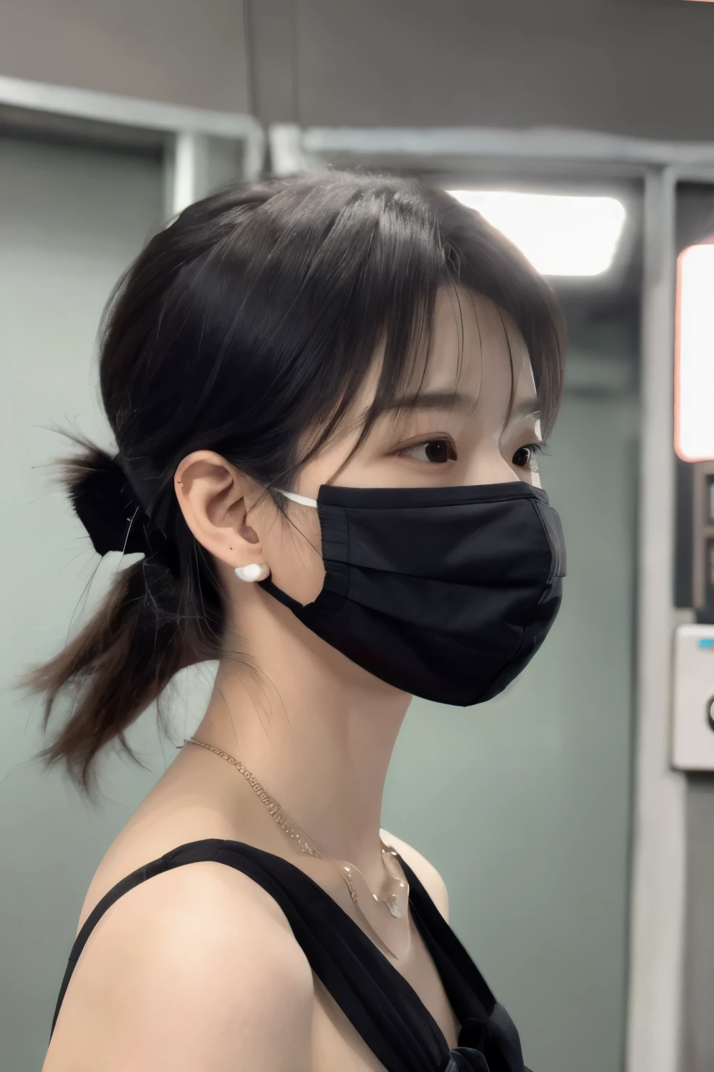 8k, highest quality, masterpiece, ultra high resolution, (realistic: 1.4), Raw photo, realistic skin texture, (film grain: 1.3), 1 girl, Beautifully detailed eyes and face, masterpiece, highest quality, Upper body, japanese idol, Fair skin, mask, natural blurred background, close, Other shots, big, front photo, hide your face on your phone, Face covered, Wearing a mask, profile black hair、necklace around neck、ear piercing