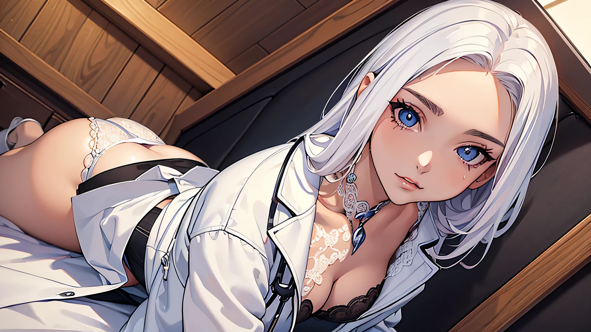 mais alta qualidade、obra de arte、Front angle、(((Uma mulher de 20 anos)))、(((white doctor's coat、Luxury black underwear、copos)))、((cabelo preto、bom site))、(((olhos vermelhos))),((tronco ))、((embarrassing、inveja、amuar、ficar com raiva))、(((Seios Grandes))), arte cg de anime suave, anime girl with olhos vermelhos, jovem anime mulher,、,retrato de anime、sexy、(((calcinha de renda preta)))、Porn、