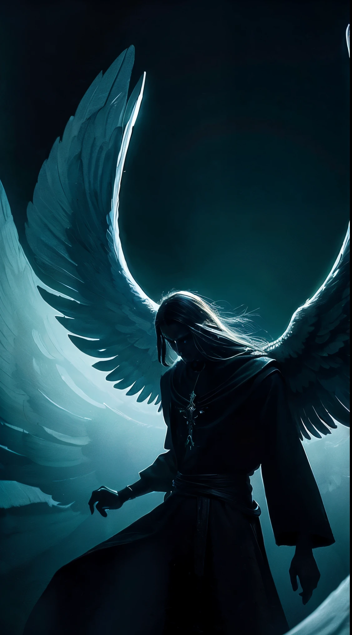 Striking illustration of the angel of death., A mysterious and ethereal figure who protects the narrowing of life and death.. His presence is enigmatic and powerful...., Huge wings stretching towards the horizon、Has a sharp gaze that conveys calmness and fear.。. He uses cool tones and deep shadows、Highlights his ethereal nature and connection to the realm of death......(dark lighting), ( fantastic lighting),(Spectral illumination)