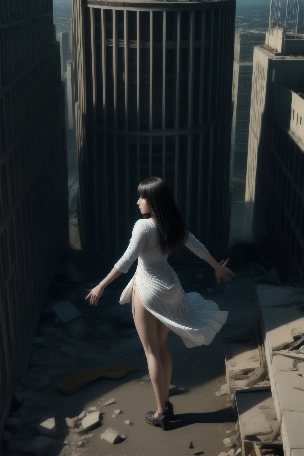 standing Giant woman, destroying buildings, torn gorgeous white dress, front view from above, action pose