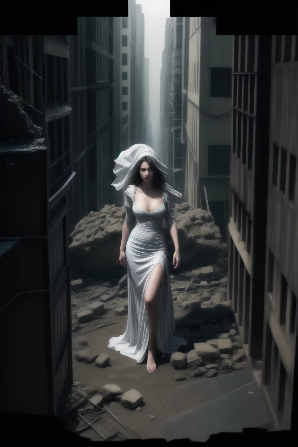 standing Giant woman, destroying buildings, torn gorgeous white dress, front view from above, action pose