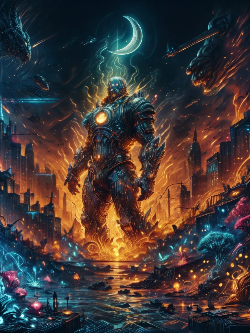 (Neon lights),circuit boards,fantasy art,RPG art,((1 Giant Creature)), In the town square of Elf City, There's a giant creature of epic size,Giant creatures have magic runes on them,Many streams of water entwine in the fire,Giant Creature和火与水流结合在一起,night,moon rising,Giant Creature在地平线上若隐若现,beyond city skylines,(Humans look so small in front of Giant Creature),(UHD, masterpiece, ccurate, anatomically correct, textured skin, high details, high quality, award winning, 8k), ((super high saturation, extremely bright and bright colors),whole body,ultra wide angle lens,Fantz cartoon monster