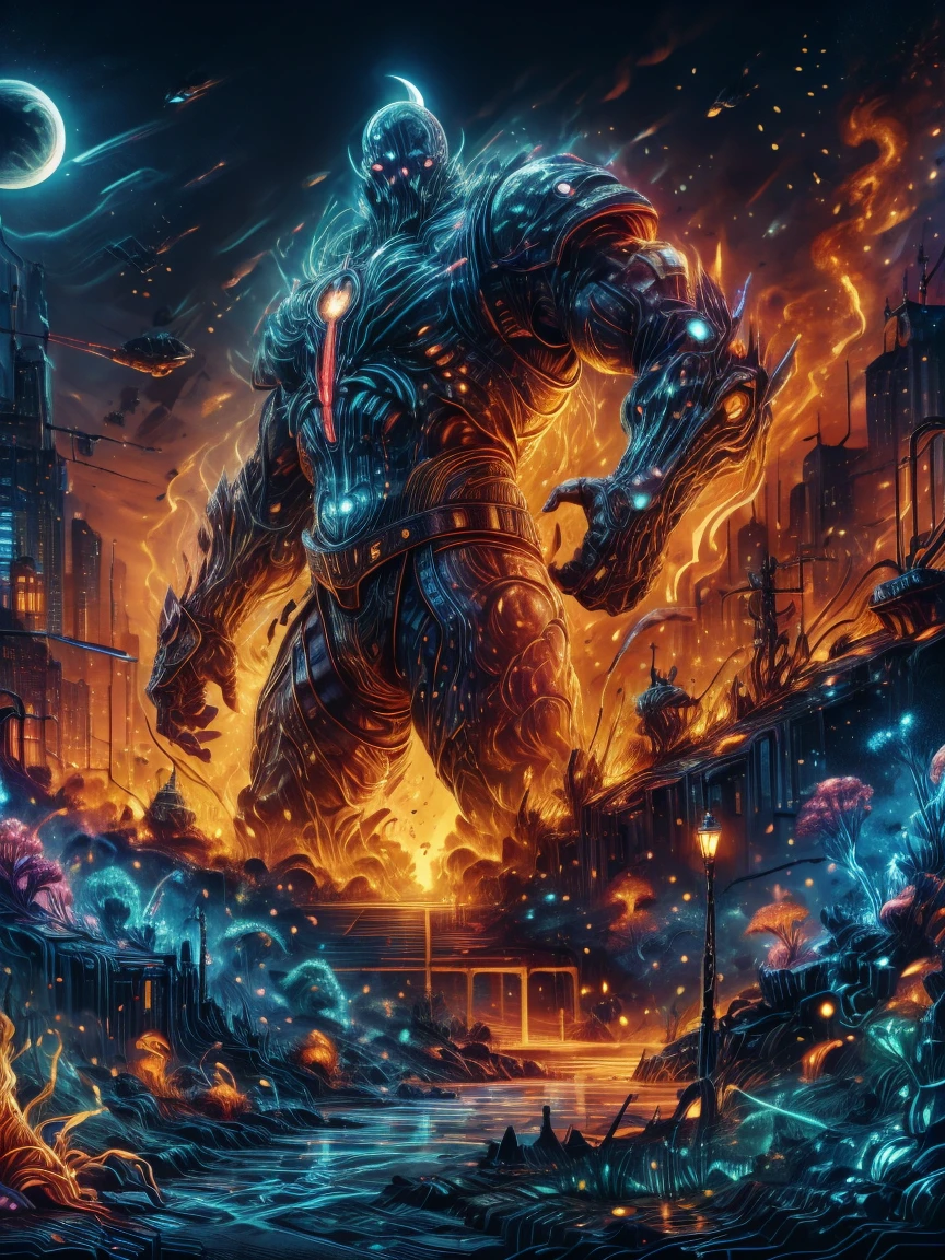 (Neon lights),circuit boards,fantasy art,RPG art,((1 Giant Creature)), In the town square of Elf City, There's a giant creature of epic size,Giant creatures have magic runes on them,Many streams of water entwine in the fire,Giant Creature和火与水流结合在一起,night,moon rising,Giant Creature在地平线上若隐若现,beyond city skylines,(Humans look so small in front of Giant Creature),(UHD, masterpiece, ccurate, anatomically correct, textured skin, high details, high quality, award winning, 8k), ((super high saturation, extremely bright and bright colors),whole body,ultra wide angle lens,Fantz cartoon monster