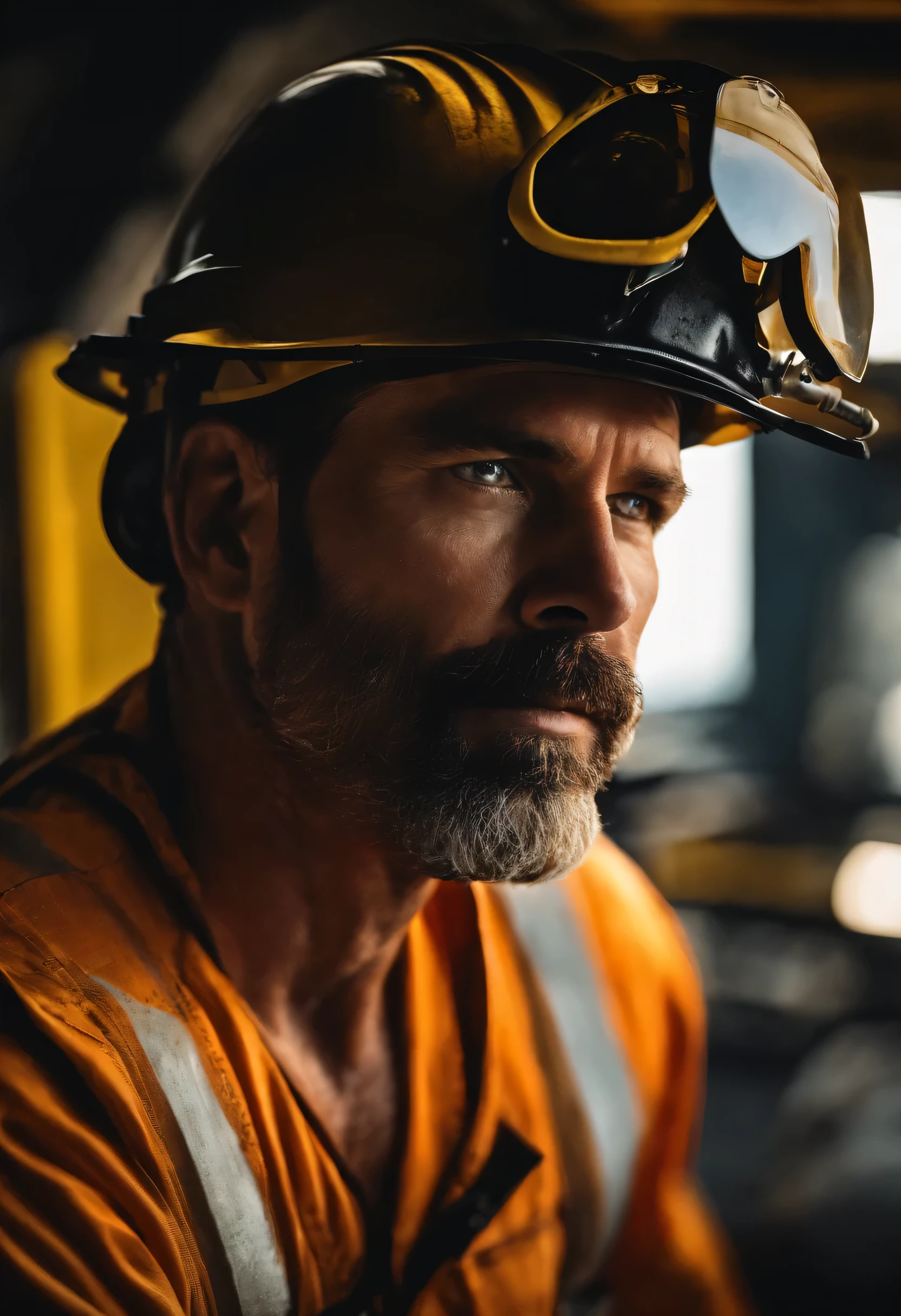half bust. Men in their 40s,Oil workers,Physically strong,Bright Eyes,The background is the sea,Derek,beautiful light ,photographic lens, Ultra-high detail at 8K