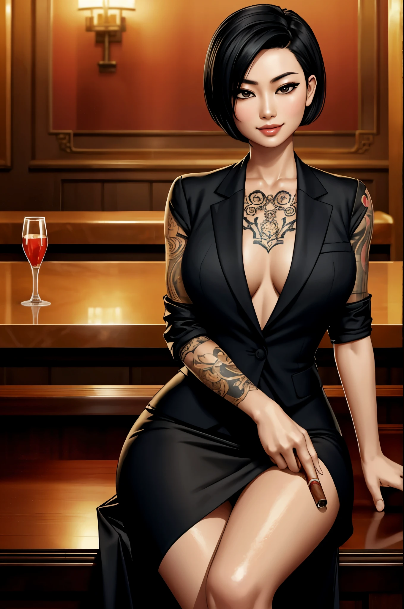 1 asian woman, spy, elegantly dressed, smirk, short black hair, holding a cigar, y2k animation, hq, intricate detail, high quality, smooth, (masterpiece, best quality), tattoos, sitting at bar,