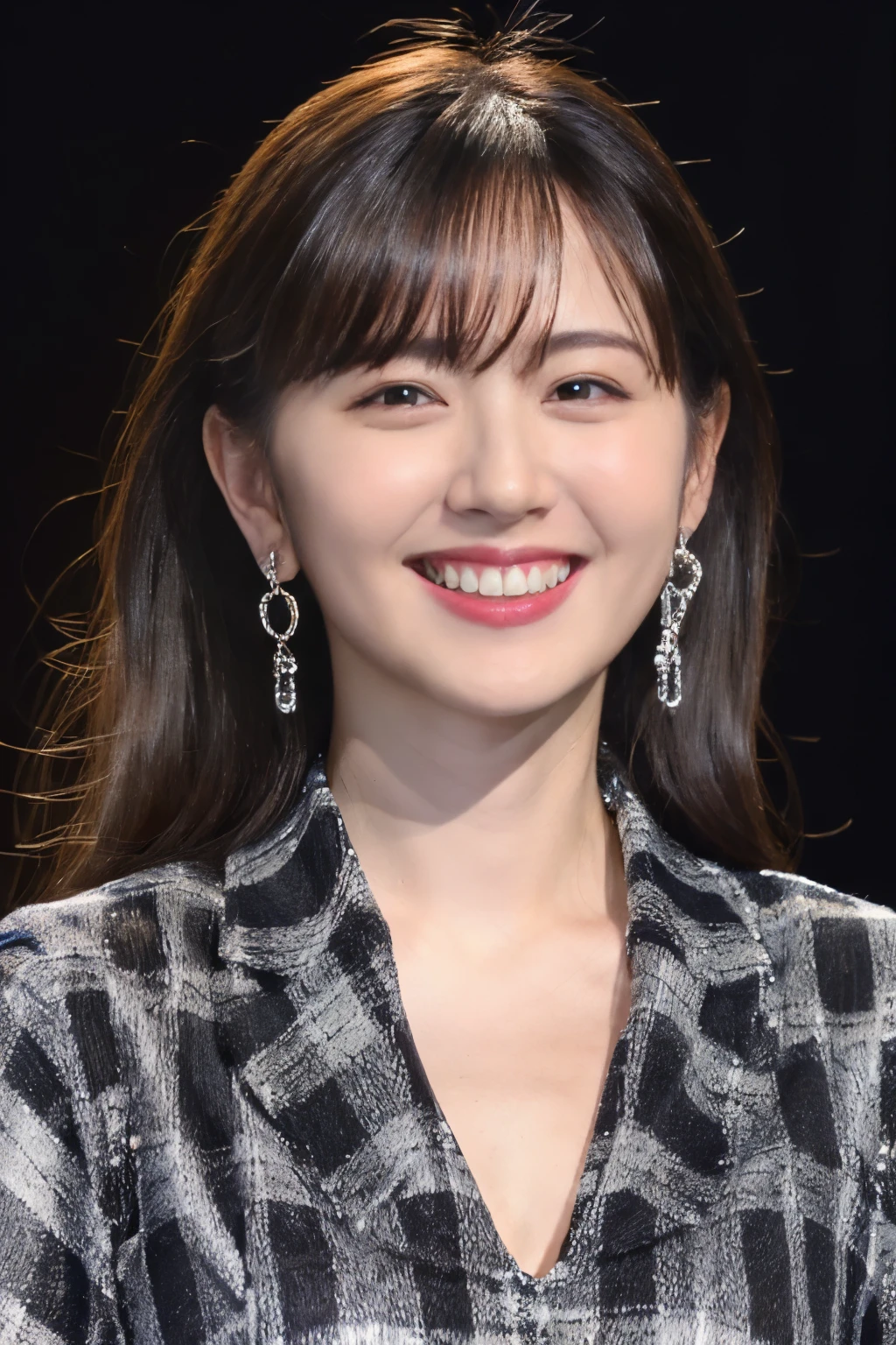 highest quality, masterpiece, ultra high resolution, (realistic:1.4),very detailed,professional lighting smile,black hair、toothy smile、black hair、ear piercing、necklace around neck