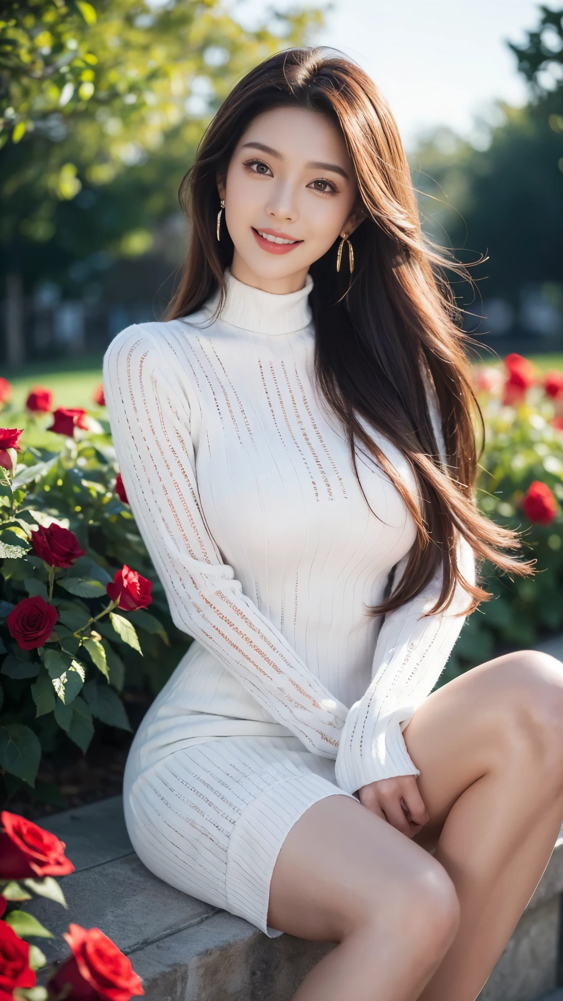 (Female, 22 years old), (Medium big breasts:1.3), rose garden、Lots of red roses on the background、 ((Grab the viewer's hand)), (​master piece: 1.3), (max resolution: 1.4), (UltraHD: 1.2), cinematric light, UltraHD, (Detailed eyes and skin), (detailed facial features), nffsw, 8k resolution, Perfect Style, beautiful face、Highly detailed facial and skin texture、A detailed eye、double eyelid、Glitter Eyeliner:1.2、thin cheeks、(fair white skin:1.3)、shiny earrings,Red Rouge:1.2、shiny lip:1.2、((FULL BODYSHOT:1.2))、((From a very intimate distance:1.2))、((Navy High Neck Pipeknit Dress))、high-heels、(Layered Hair Style、lightbrown hair)、medium-Long hair、(Very attractive smile:1.3)