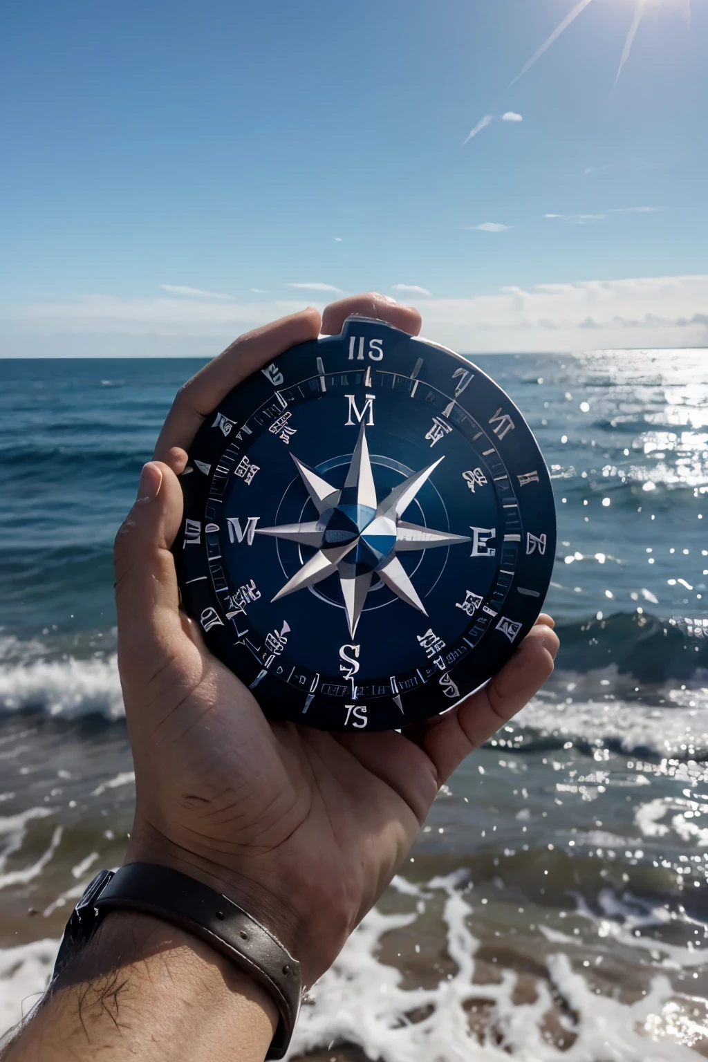 A compass in one hand, apontando para o horizonte, com um fundo de oceano azul.