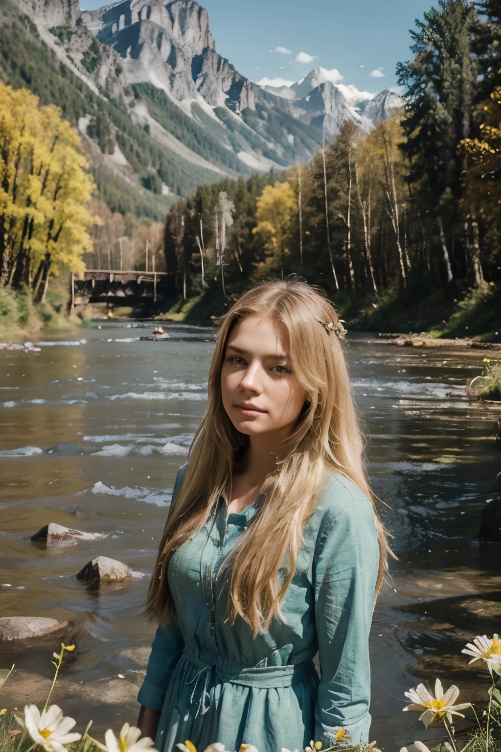 "Create a realistic, photo-like description of a beautiful girl with long blond hair. It stands on the bank of the river. There is a forest around her, flowers and birds. The stage is flooded with bright light. sunny day light. Mountains are visible in the distance. Please, create a detailed and descriptive tooltip for this image".