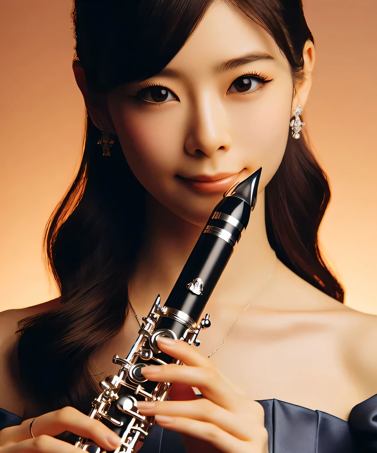 Clarinetist, Japanese female 22 years old, one person, chiaroscuro, surrealism, dark blue simple design dress, The background is a warm color gradation, That person is clear, detailed face, luxury musical instruments, smile