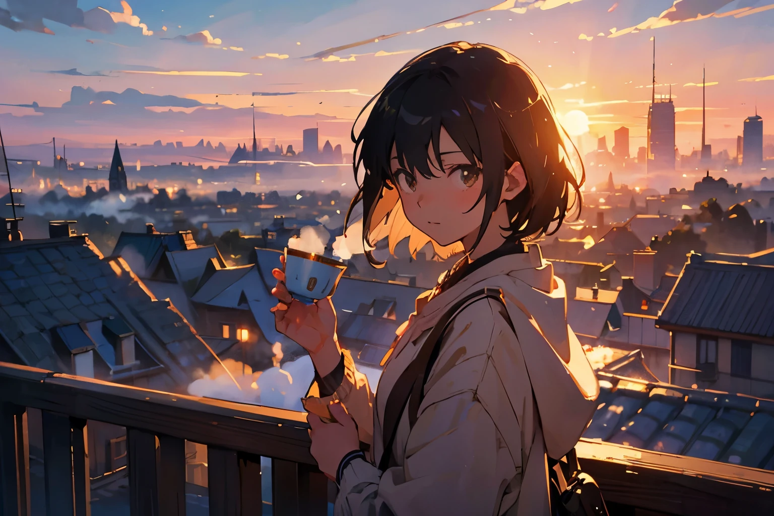 Create exquisite illustrations reminiscent of Makoto Shinkai's style, It has ultra-fine details and top-notch quality. Create a high-quality illustration of a beautiful girl enjoying a cup of tea while overlooking a cityscape during sunset. Ensure that the overall composition evokes a sense of nostalgia and fantasy, with intricate details capturing the essence of the moment. Pay attention to elements such as the warm glow of the setting sun casting long shadows over the city, the delicate steam rising from the tea cup, and the serene expression on the girl's face as she takes in the view. Aim for a finely crafted artwork where the beauty of the sunset harmonizes with the girl's peaceful contemplation, creating a nostalgic and dreamy atmosphere. best quality, masterpiece