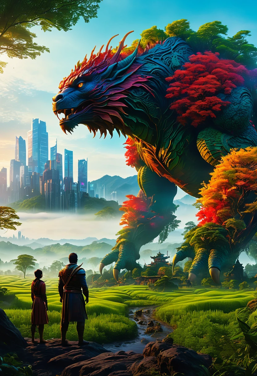 dawn, Giant Creature with foggy fields and trees emerging from them,Giant Creature在地平线上若隐若现,beyond city skylines,(Humans look so small in front of Giant Creature),(UHD, masterpiece, ccurate, anatomically correct, textured skin, high details, high quality, award winning, 8k), ((super high saturation, extremely bright and bright colors),whole body,ultra wide angle lens,