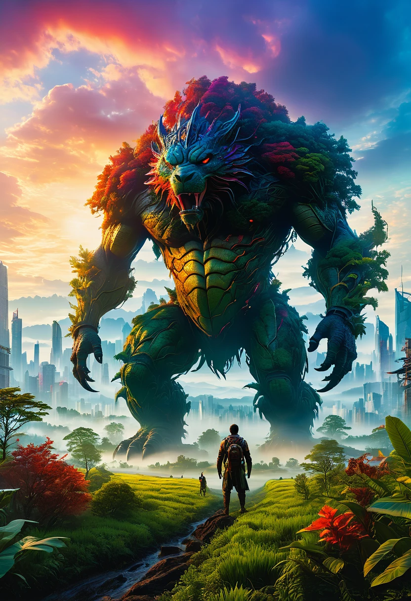 dawn, Giant Creature with foggy fields and trees emerging from them,Giant Creature在地平线上若隐若现,beyond city skylines,(Humans look so small in front of Giant Creature),(UHD, masterpiece, ccurate, anatomically correct, textured skin, high details, high quality, award winning, 8k), ((super high saturation, extremely bright and bright colors),whole body,ultra wide angle lens,
