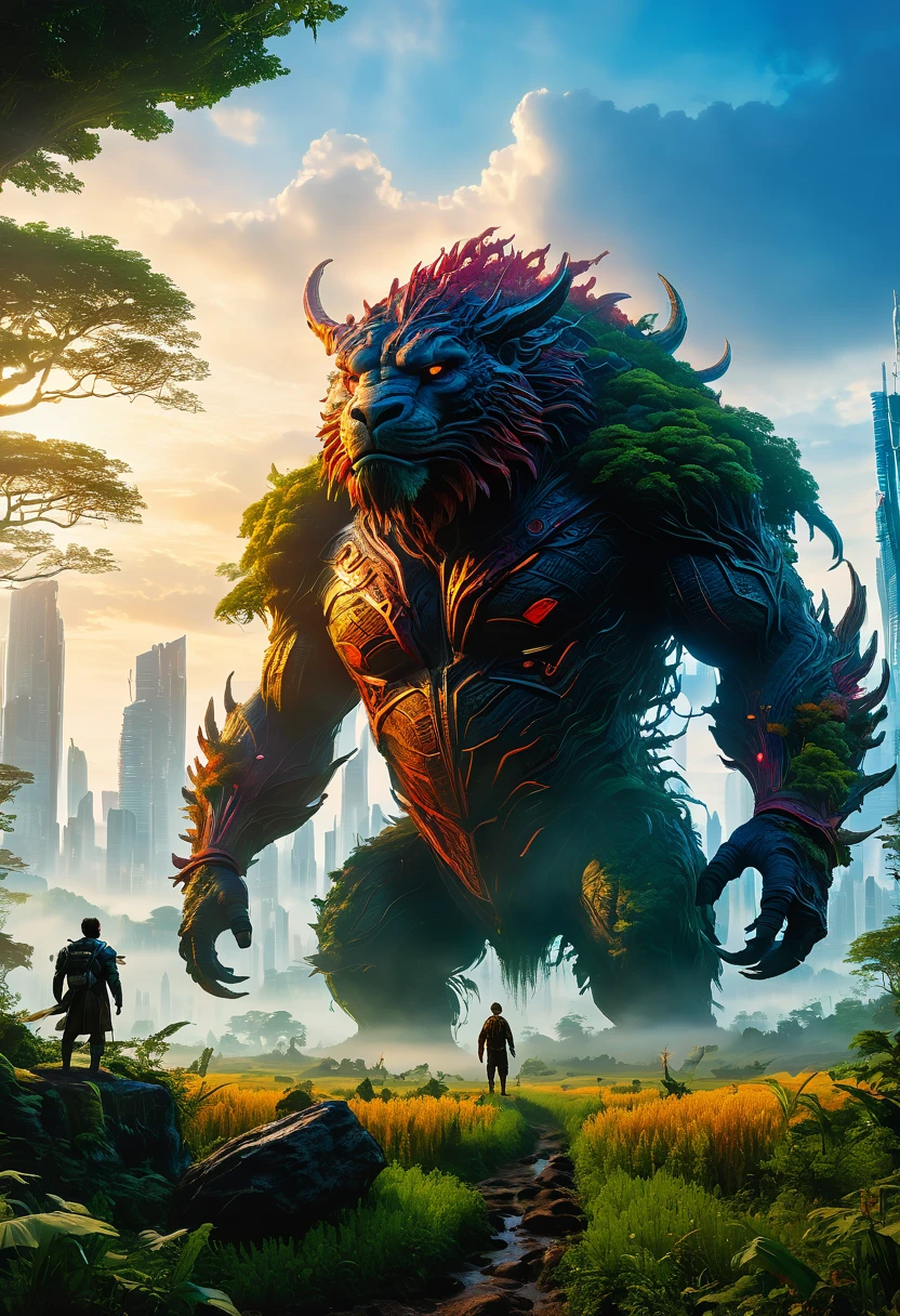 dawn,(Giant Creature with foggy fields and trees emerging from them),(Giant Creature在地平线上若隐若现,The body is completely surrounded by mist,Can't see the truth clearly),beyond city skylines,(Humans look so small in front of Giant Creature),(UHD, masterpiece, ccurate, anatomically correct, textured skin, high details, high quality, award winning, 8k), ((super high saturation, extremely bright and bright colors),whole body,ultra wide angle lens,