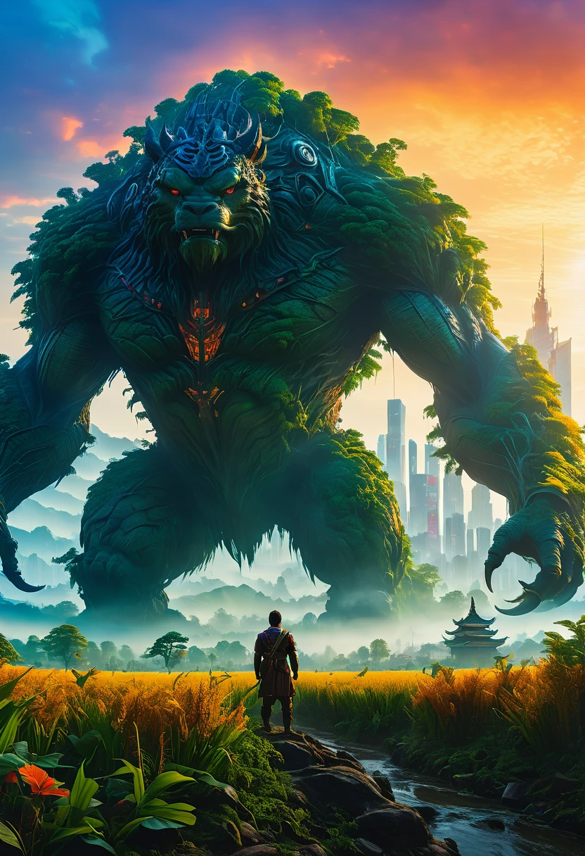 dawn, Giant Creature with foggy fields and trees emerging from them，Giant Creature在地平线上若隐若现，beyond city skylines，(Humans look so small in front of Giant Creature)，(UHD, masterpiece, ccurate, anatomically correct, textured skin, high details, high quality, award winning, 8k), ((super high saturation, extremely bright and bright colors)，whole body，ultra wide angle lens，
