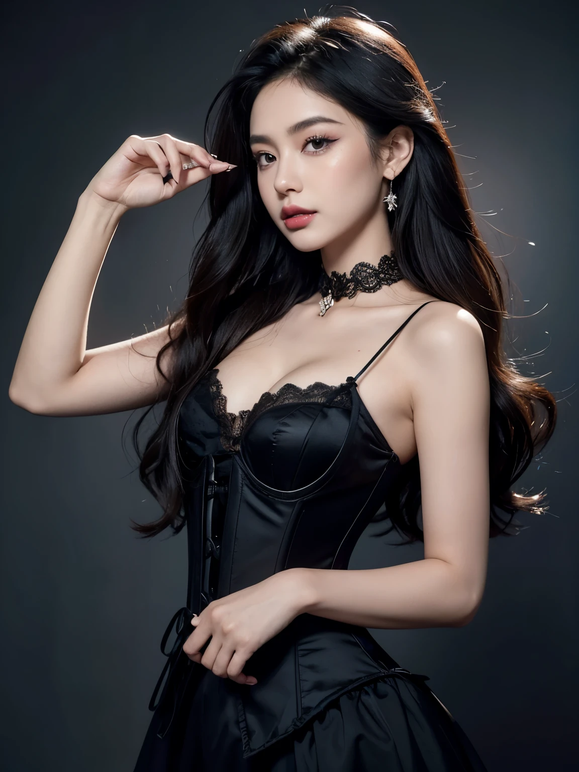 Kim Jennie con el cabello negro oscuro, con rulos en las puntas del cabello negro oscuro, con un ganchito de estrella en el cabello negro oscuro, ojos de color claro, ojos bonitos, nariz bonita y respingada, labios bonitos, labios rosas, heart and cupid shaped lip, piel bonita, piel blanca, con lunares y pecas en todo el rostro, rubor rosa suave en las mejilla, rubor rosa natural, dark and gothic makeup, Jennie gotica, cuello bonito, noticeable collarbones, mirada enojada, con un collar, un collar bonito de beso, mientras tiene un Corset rosa, Corset rosa bonito, vestido con un Corset rosa, mientras muestra sus pechos desnudos, mientras tiene los pezones con dos corazones de papel rosa, tiene los pezonnes con corazones de papel rosa (pechos grandes, pechos suaves, pechos bonitos, pechos naturaleirando a la camara, autofoto
