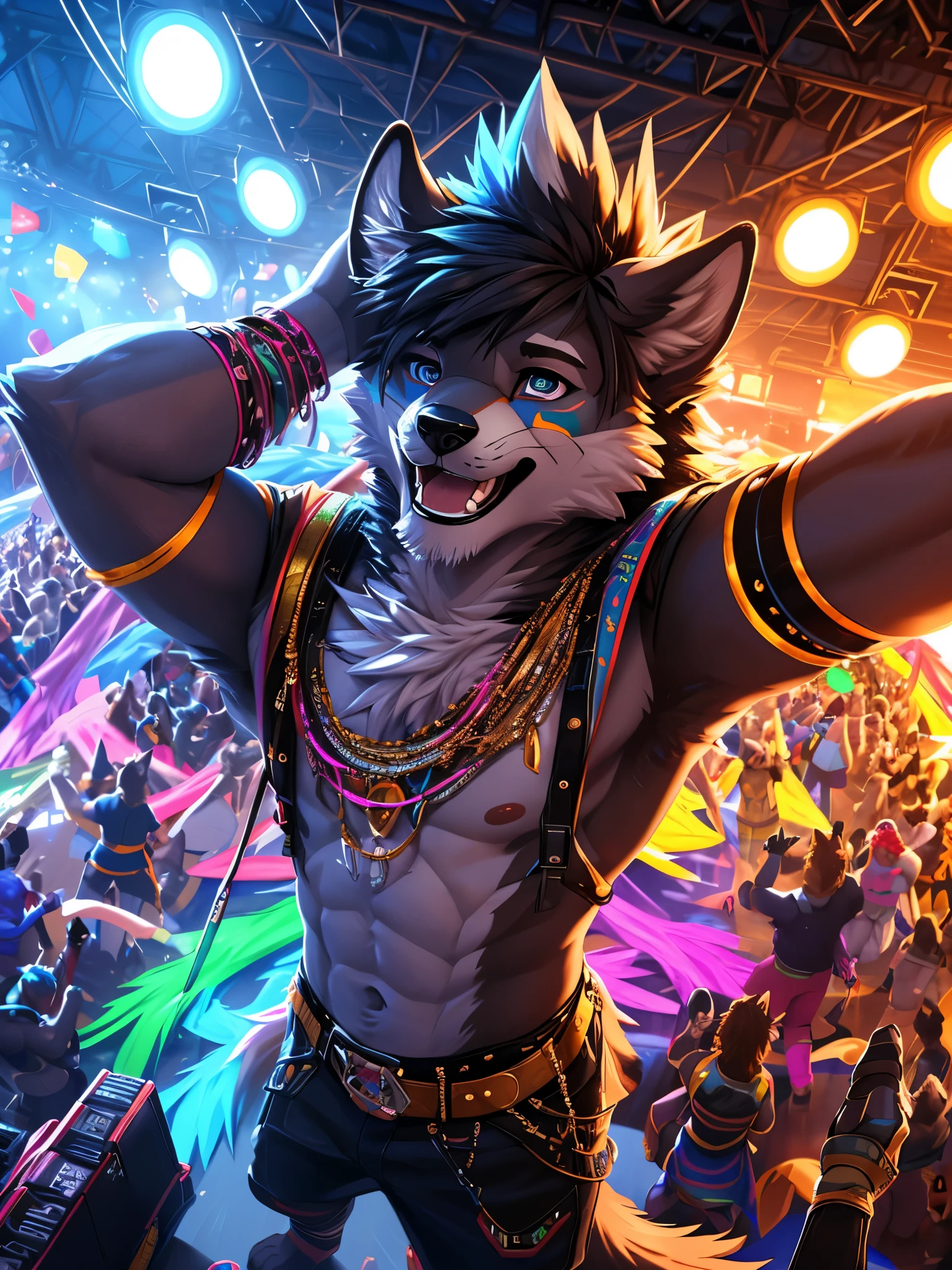 there is a man of a Wolf that are dancing together in the street, in a very magnificent dancing place, the middle dancing place, fursona art, furry art, furry art, at a rave, fursona furry art commission, rave party, furry convention, furry fantasy art, partying at a rave, dance party, scene from a rave, anthropomorphic furry art, pov furry art, furry fandom, commission for high res, fursona art, [ Chunie art style ], dj rave party, excited face, enjoying dj Rave party, (Wide Shot: 1:3), (Realistic eyes detail: 1:2), Standing Up, high details, high quality, award winning, HD, 16k, (best quality,4k,8k,highres,masterpiece:1.2),ultra-detailed,realistic:1.37,HDR,UHD,studio lighting,extreme detail description,professional,vivid colors,bokeh,lively atmosphere, natural