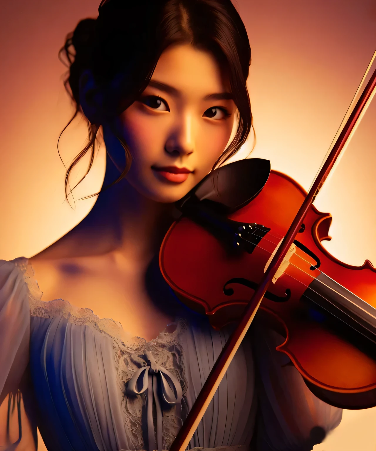 violinist, Japanese female 22 years old, one person, chiaroscuro, surrealism, dark blue simple design dress, The background is a warm color gradation, That person is clear, detailed face, luxury musical instruments, smile