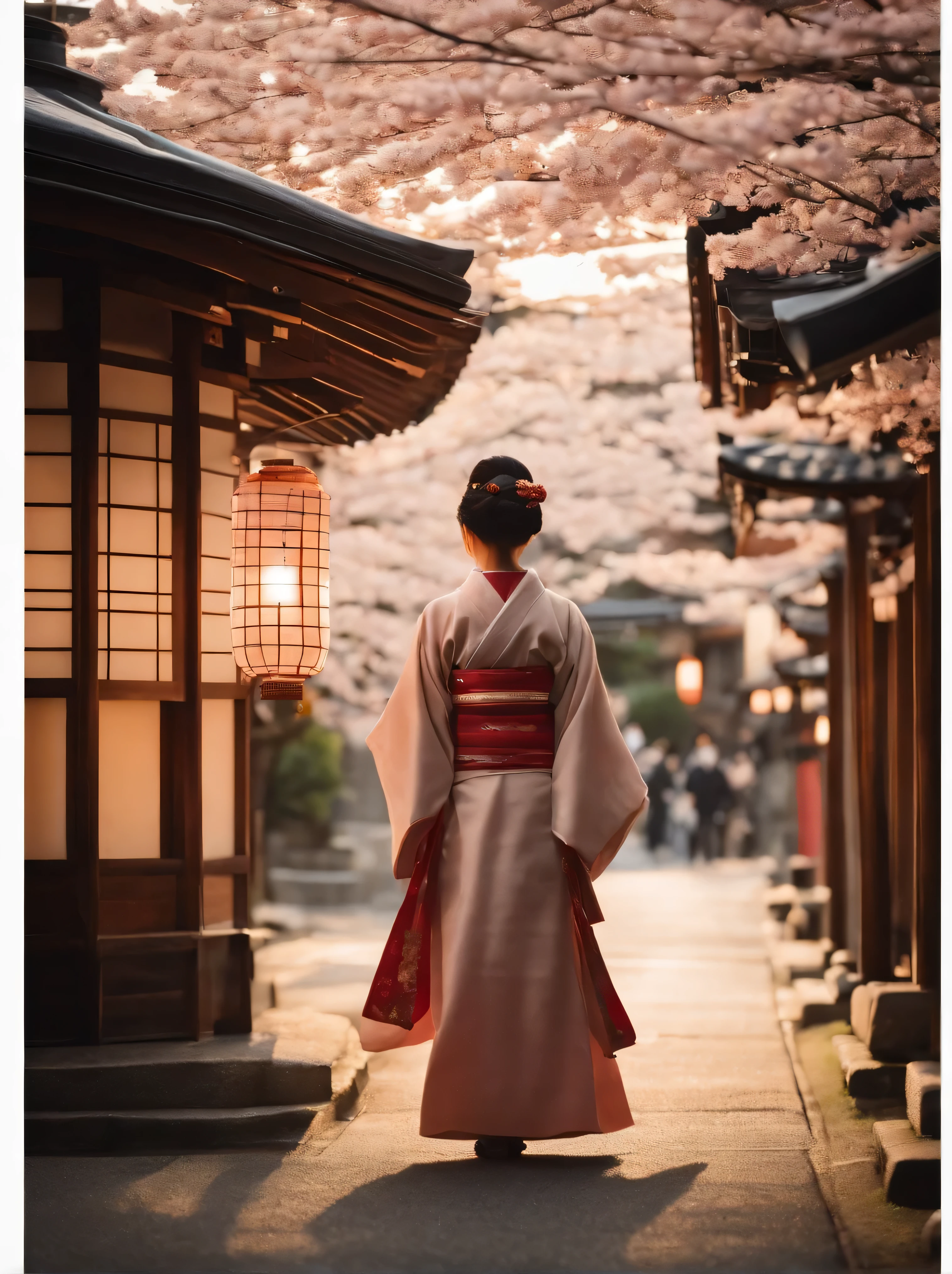 On the streets of Kyoto during the shogunate era，It is full of cherry blossoms，Next to the Japanese houses on the street，There is a Japanese girl，wearing kimono，Light from the side at night，warm tones，There are many lanterns hanging on the house