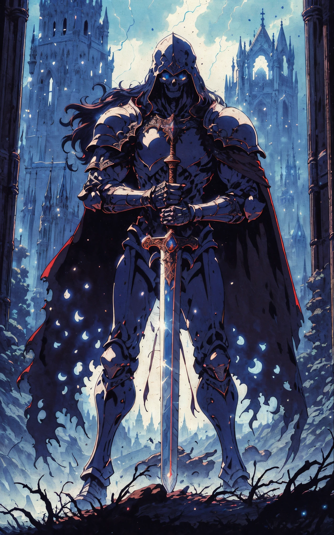 A skeleton knight holding a sword in a castle, Symbolism, retro anime, textured (best quality, ultra-detailed, realistic:1.37), vibrant colors, dramatic lighting, moody atmosphere, towering gothic architecture, swirling mist, intricate engravings, weathered stone walls, mystical aura, intense gaze, epic battle scene, mystical runes, glowing eyes, haunting shadows, ethereal glow, ancient tapestries, mysterious symbols, dark and foreboding skies, dramatic perspective, hero's stance, cinematic composition, dynamic motion, sword glinting, thunderous storm, hauntingly beautiful, enchanted atmosphere, surreal elements, mystical creatures, otherworldly presence.