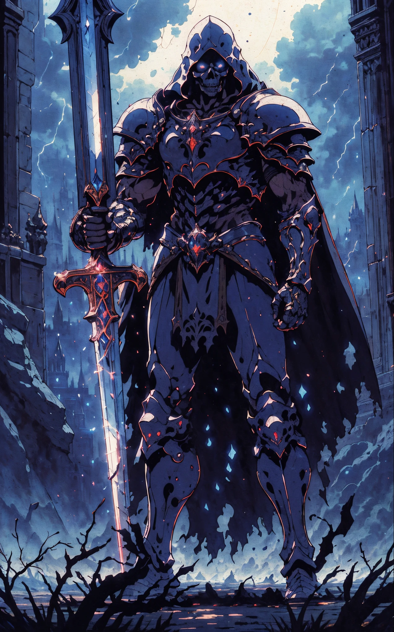 A skeleton knight holding a sword in a castle, Symbolism, retro anime, textured (best quality, ultra-detailed, realistic:1.37), vibrant colors, dramatic lighting, moody atmosphere, towering gothic architecture, swirling mist, intricate engravings, weathered stone walls, mystical aura, intense gaze, epic battle scene, mystical runes, glowing eyes, haunting shadows, ethereal glow, ancient tapestries, mysterious symbols, dark and foreboding skies, dramatic perspective, hero's stance, cinematic composition, dynamic motion, sword glinting, thunderous storm, hauntingly beautiful, enchanted atmosphere, surreal elements, mystical creatures, otherworldly presence.