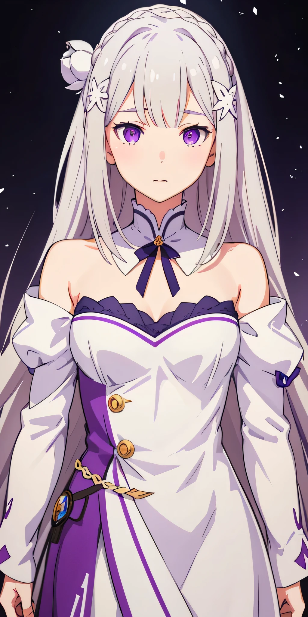 realistic, 1 girl, Emilia Lee:zero, crown blade, flower hair ornament, ×Hair ornament, gray hair, long hair, purple eyes,  particles of light, light, wallpaper