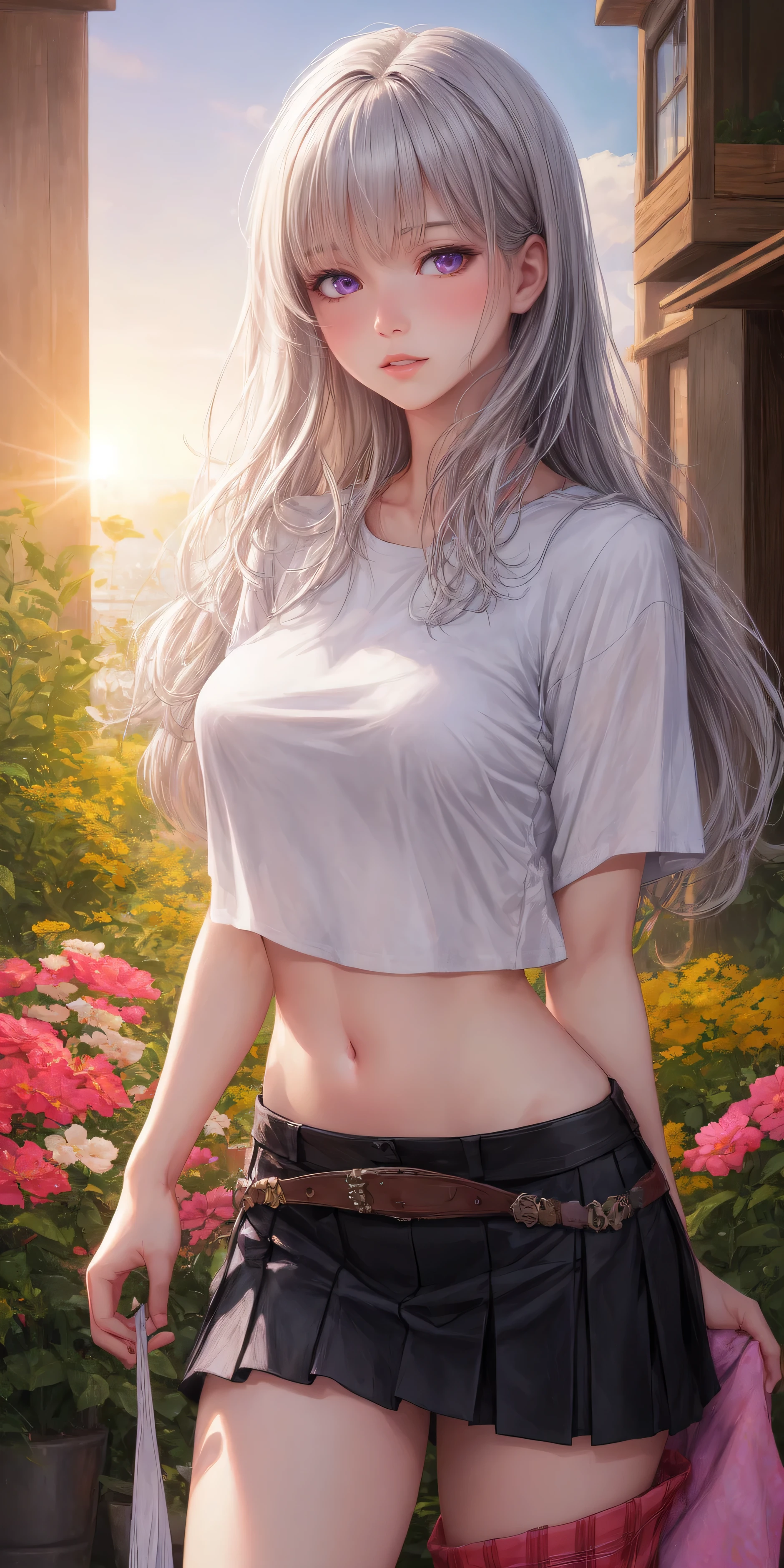 realistic, 1 girl, gray hair, purple eyes, shining eyes, crop top, skirt, parted lips, blush, night, flowers, sun, sunlight,