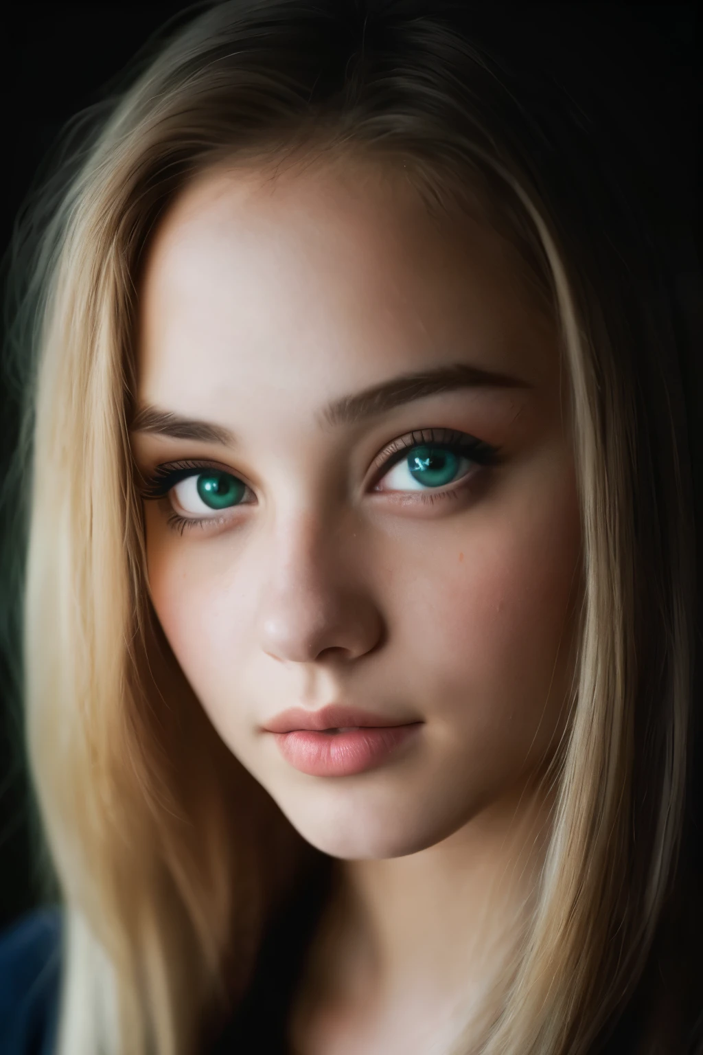 (close-up, editorial photograph of a 21 year old woman), (highly detailed face:1.4) (smile:0.7) (background inside dark, moody, private study:1.3) POV, by lee jeffries, nikon d850, film stock photograph ,4 kodak portra 400 ,camera f1.6 lens ,rich colors ,hyper realistic ,lifelike texture, dramatic lighting , cinestill 800,blonde girl, green eyes