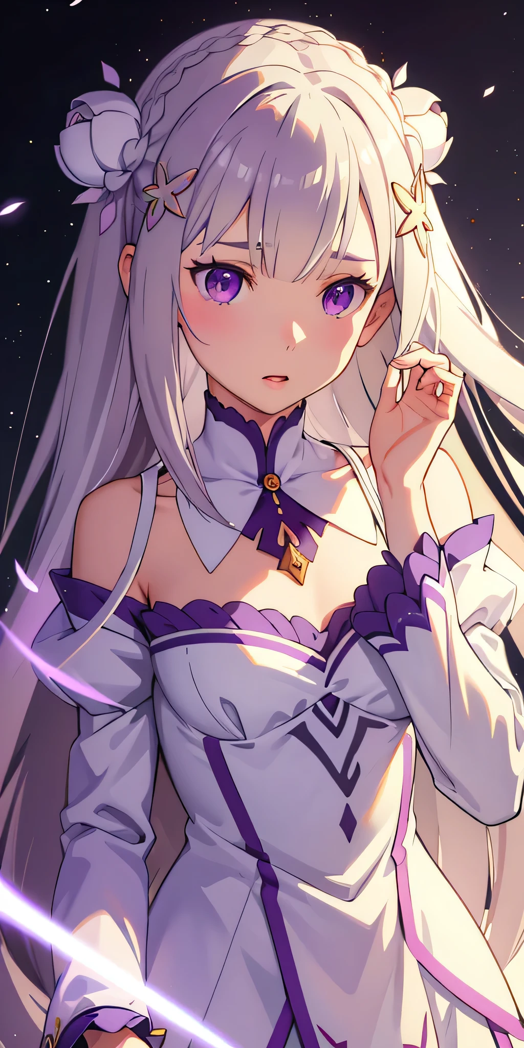 realistic, 1 girl, Emilia Lee:zero, crown blade, flower hair ornament, ×Hair ornament, gray hair, long hair, purple eyes, particles of light, light, wallpaper