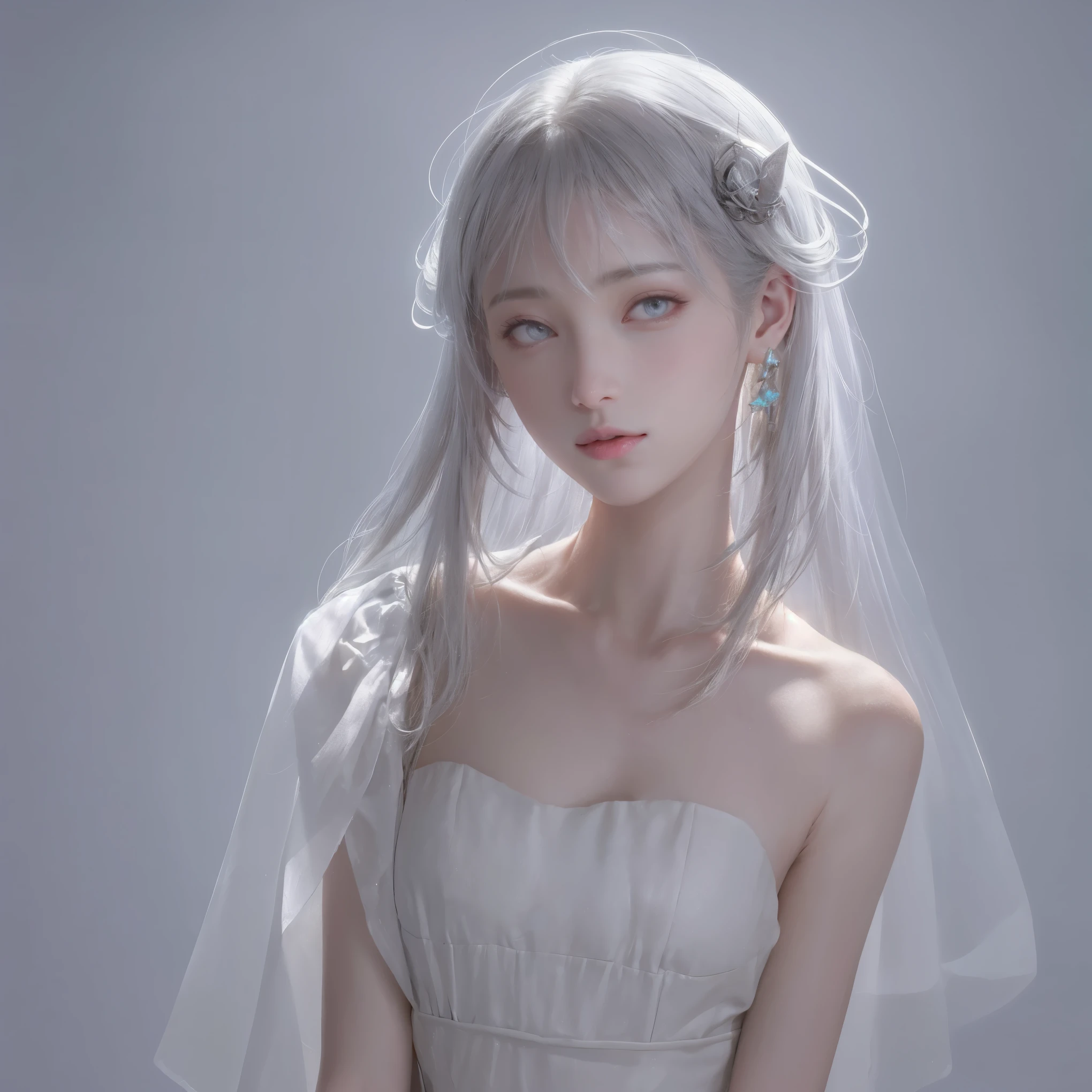 There is a 3D image of a woman in a white dress, vestido branco!! de cabelos prateados, cabelo longo branco detalhado, inspirado em Sim Sa-jeong, anime barbie em branco, twintails branco_Luvas, cabelos lisos brancos, cabelos lisos longos e brancos, Loli no vestido, long glowing ethereal hair, anime estilo 3d, Nico usando um vestido branco