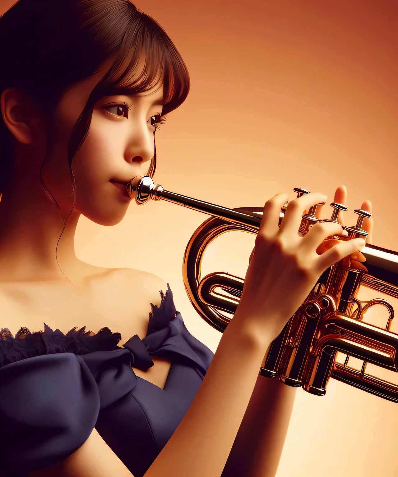 trumpeter, Japanese female 22 years old, one person, chiaroscuro, surrealism, dark blue simple design dress, The background is a warm color gradation, That person is clear, detailed face, luxury musical instruments, smile