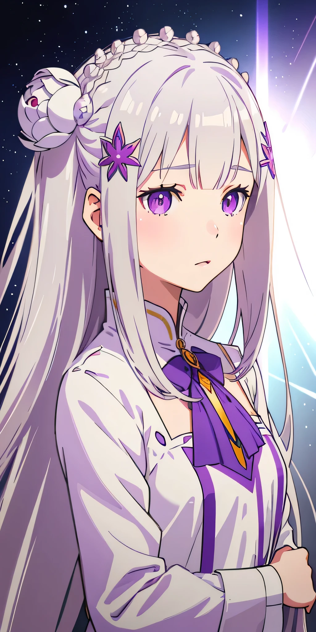 realistic, 1 girl, Emilia Lee:zero, crown blade, flower hair ornament, ×Hair ornament, gray hair, long hair, purple eyes,  particles of light, light, wallpaper