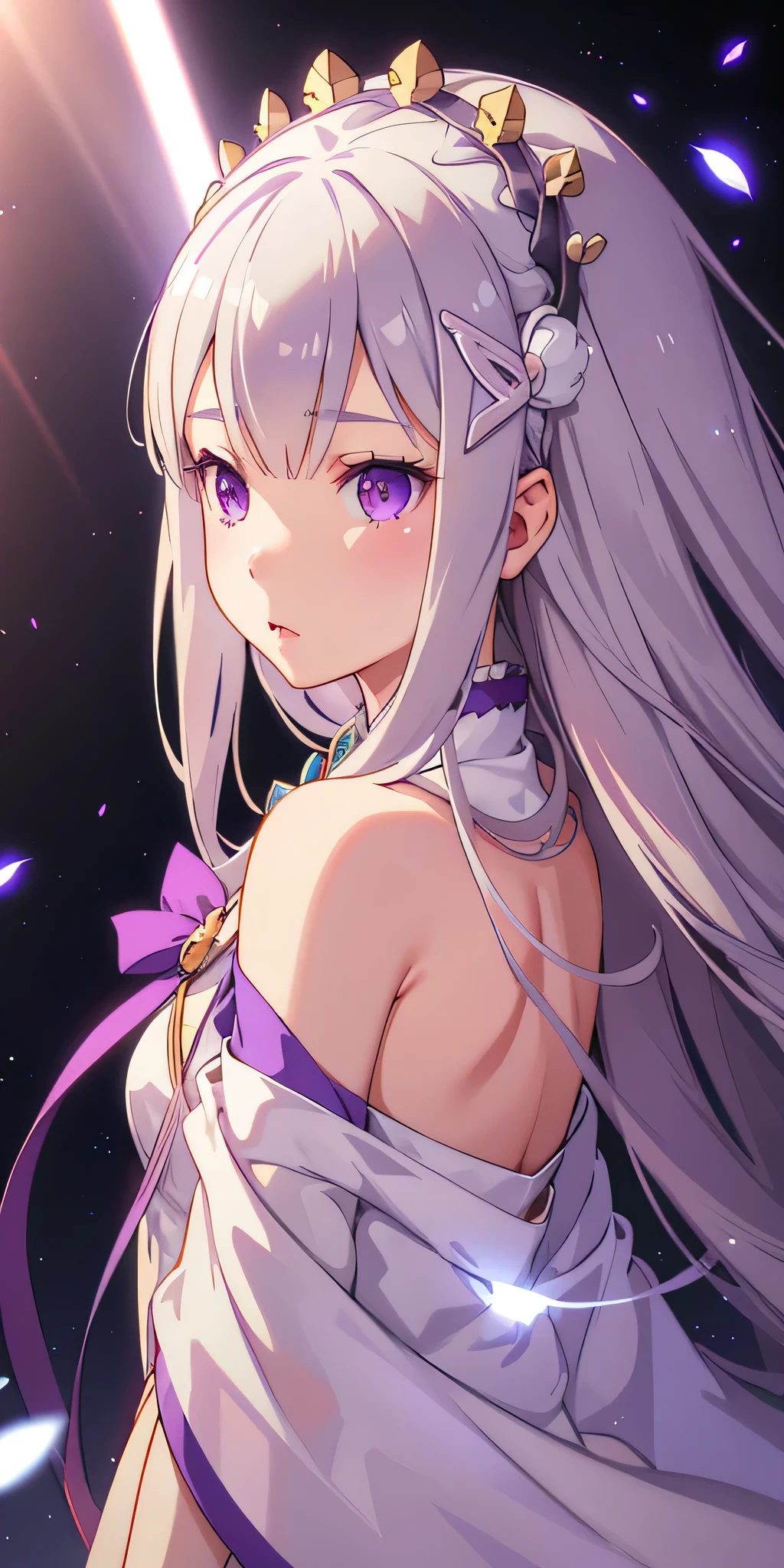 realistic, 1 girl, Emilia Lee:zero, crown blade, flower hair ornament, ×Hair ornament, gray hair, long hair, purple eyes,  particles of light, light, wallpaper