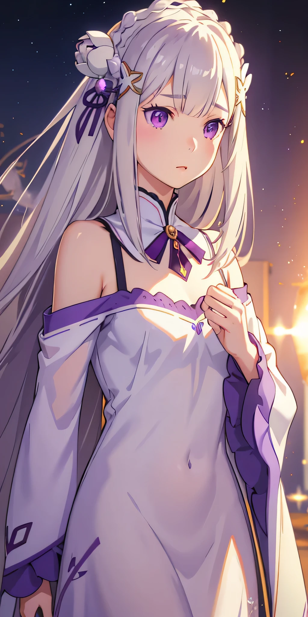 Realistic、One Girl、 Emilia Lee:zero、Crown Blade、Flower Hair Ornaments、×Hair accessories、Gray Hair、Long Hair、Purple eyes、Fantasy、Magical Effects、Pieces fly、smile、Undressing, No clothes, Completely naked, , window, Flat Chest, Small breasts. Mouth closed, sunlight, Backlight, whole body