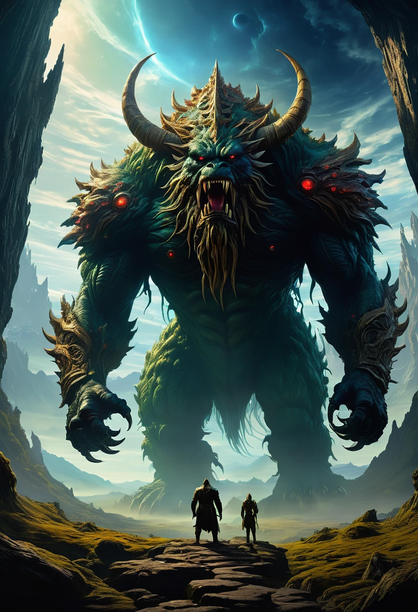 A man stands in front of a huge monster,Two people passed by,Elden Ring Monster,Latter-day monster,Big titan creature in the center,Giant Creature被雾气环绕包围,The feeling of looming,Inspired by Aleksi Briclot,giant fantasy creatures,fantasy and cosmic horror movies,director:Aleksi Briclot,High fantasy art poster,Contempt game